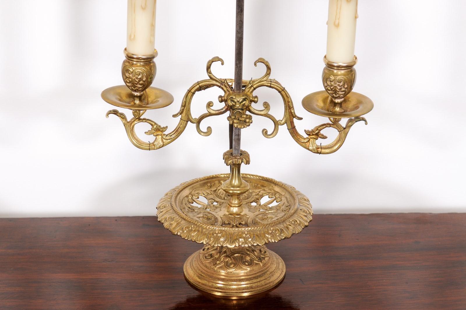 French 19th Century Brass Candlestick Lamps with Scrolling Arms, a Wired Pair For Sale 3