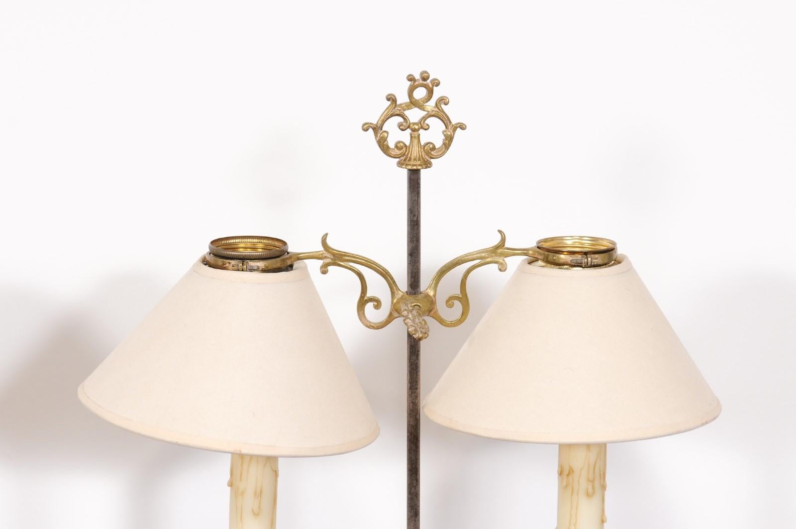 French 19th Century Brass Candlestick Lamps with Scrolling Arms, a Wired Pair For Sale 4