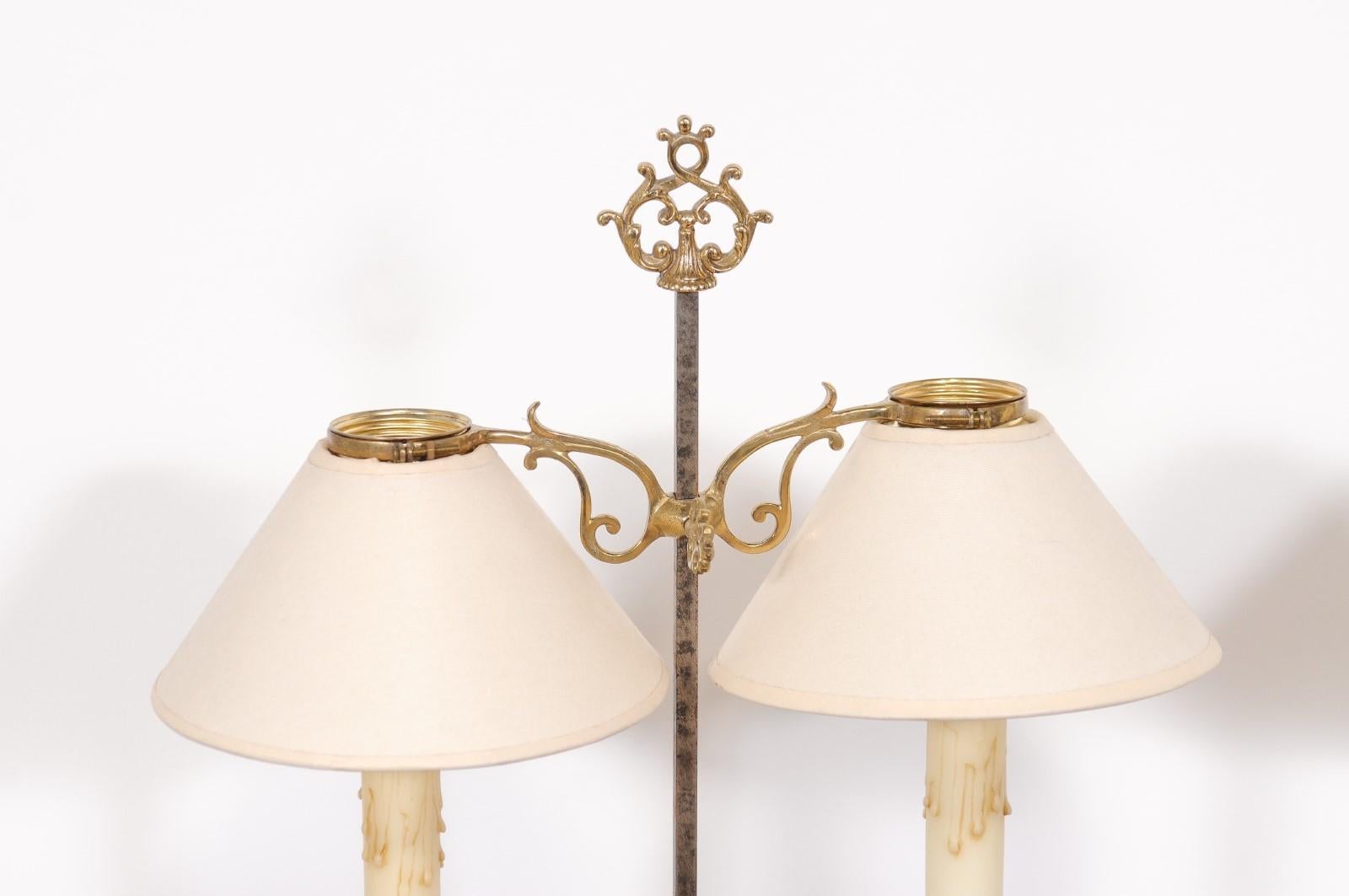 French 19th Century Brass Candlestick Lamps with Scrolling Arms, a Wired Pair For Sale 5