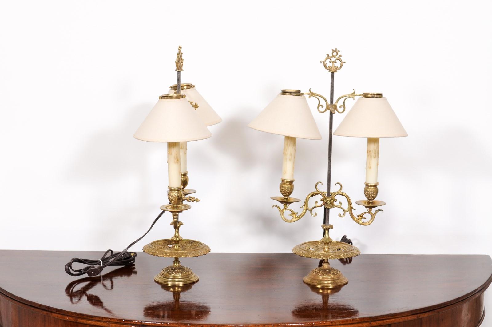French 19th Century Brass Candlestick Lamps with Scrolling Arms, a Wired Pair For Sale 6