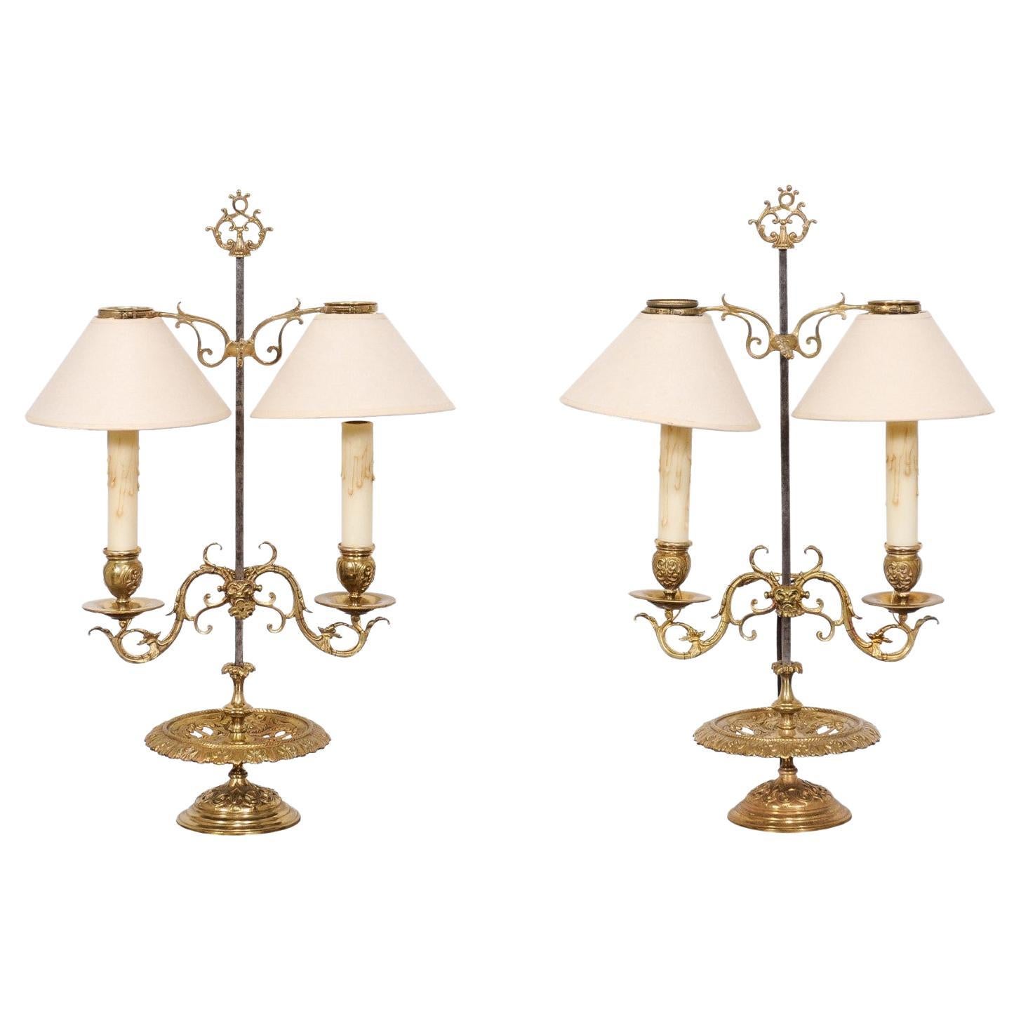 French 19th Century Brass Candlestick Lamps with Scrolling Arms, a Wired Pair For Sale