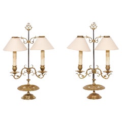French 19th Century Brass Candlestick Lamps with Scrolling Arms, a Wired Pair