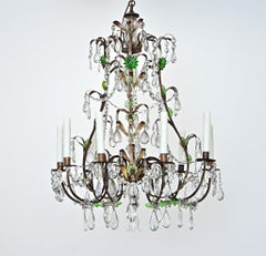 French 19th Century Brass Chandelier with Clear & Green Crystals
