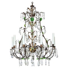 French 19th Century Brass Chandelier with Clear & Green Crystals