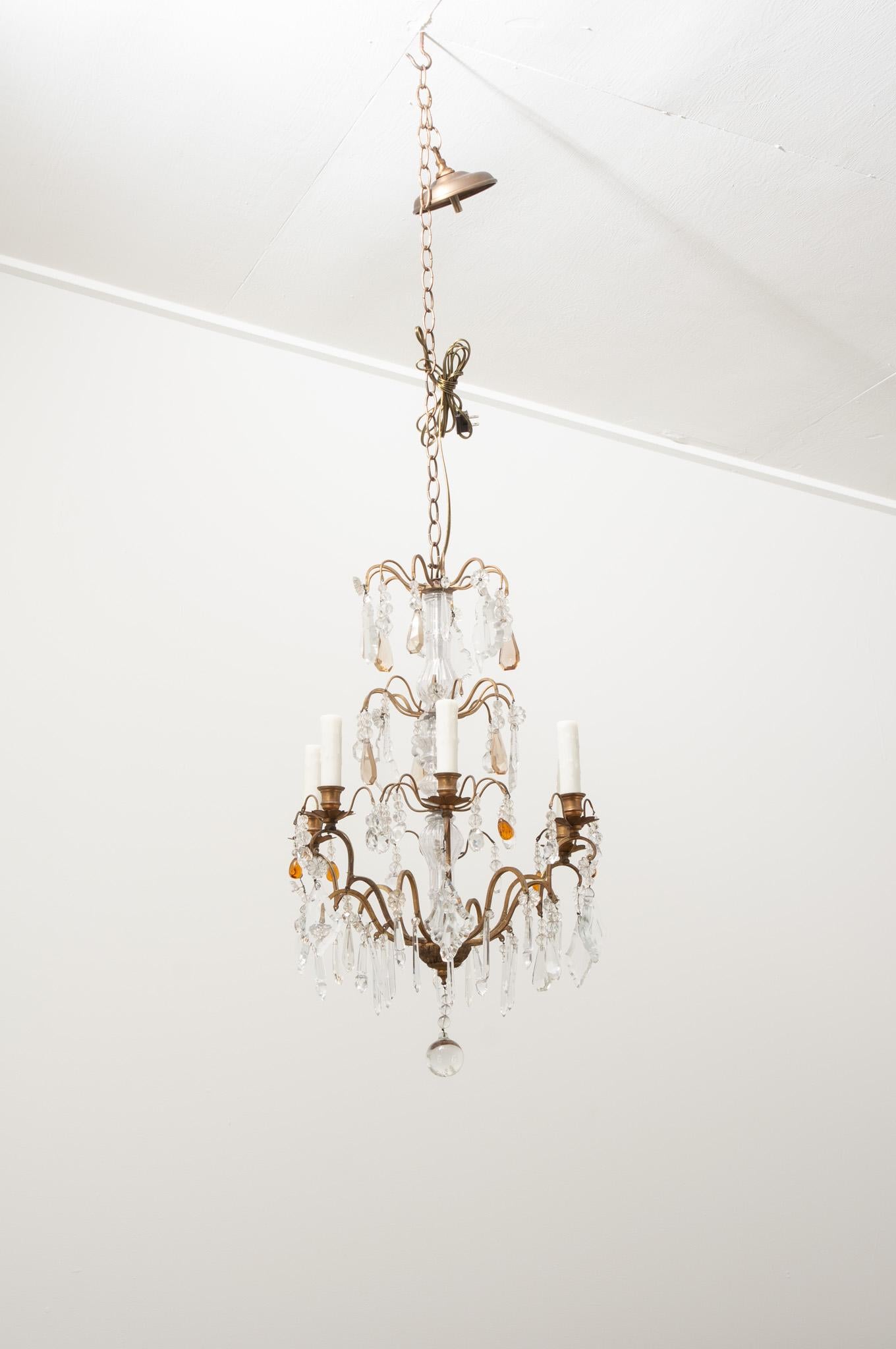Cast French 19th Century Brass & Crystal Chandelier