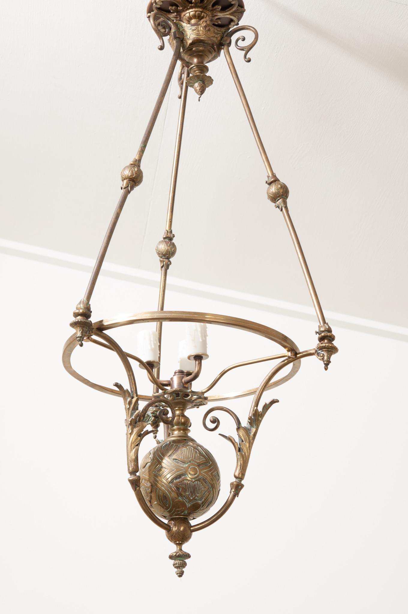 French 19th Century Brass Oil Burning Chandelier For Sale 2