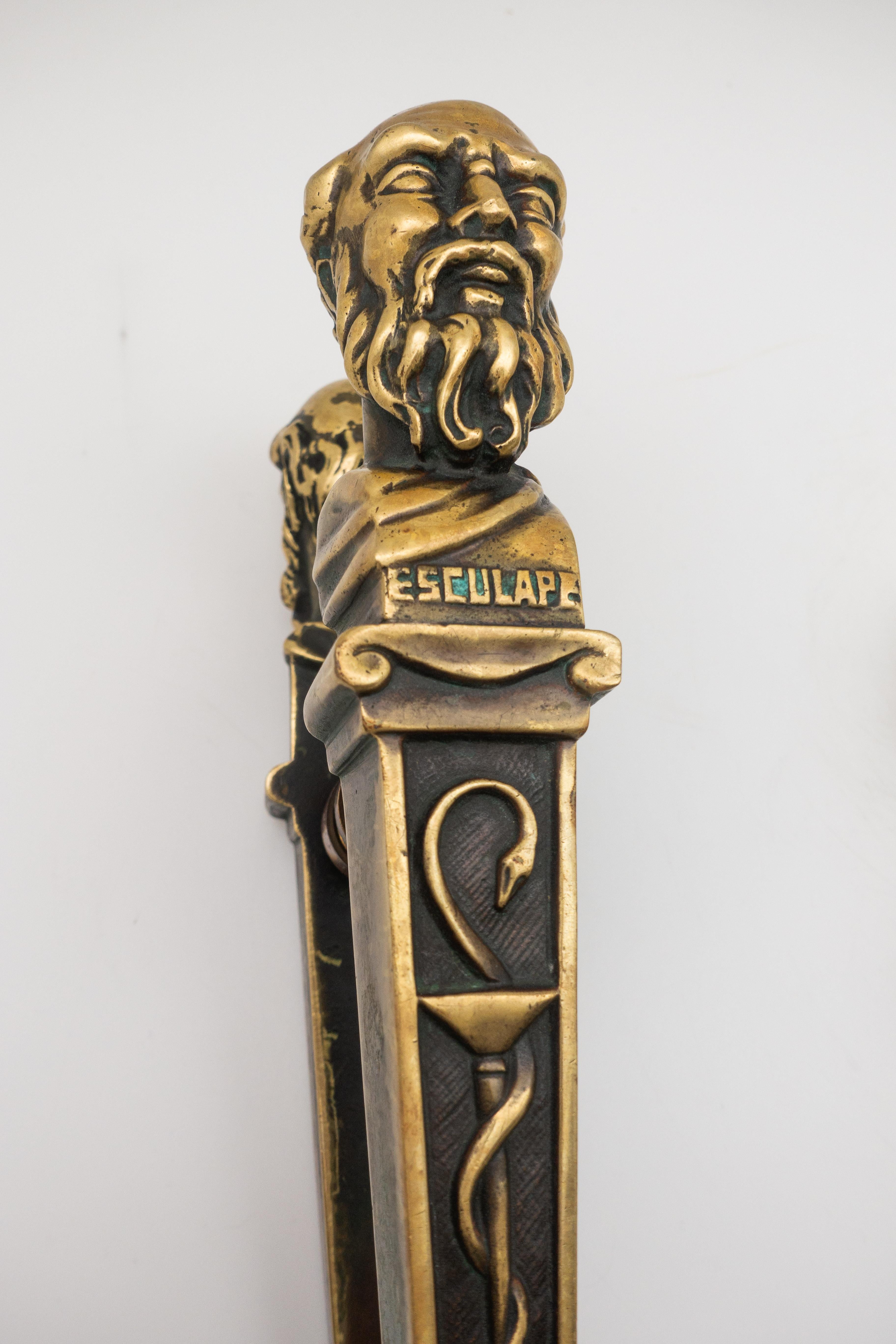 French 19th Century Brass Pharmacy Door Esculape Handles 'Greek God of Healing' 2