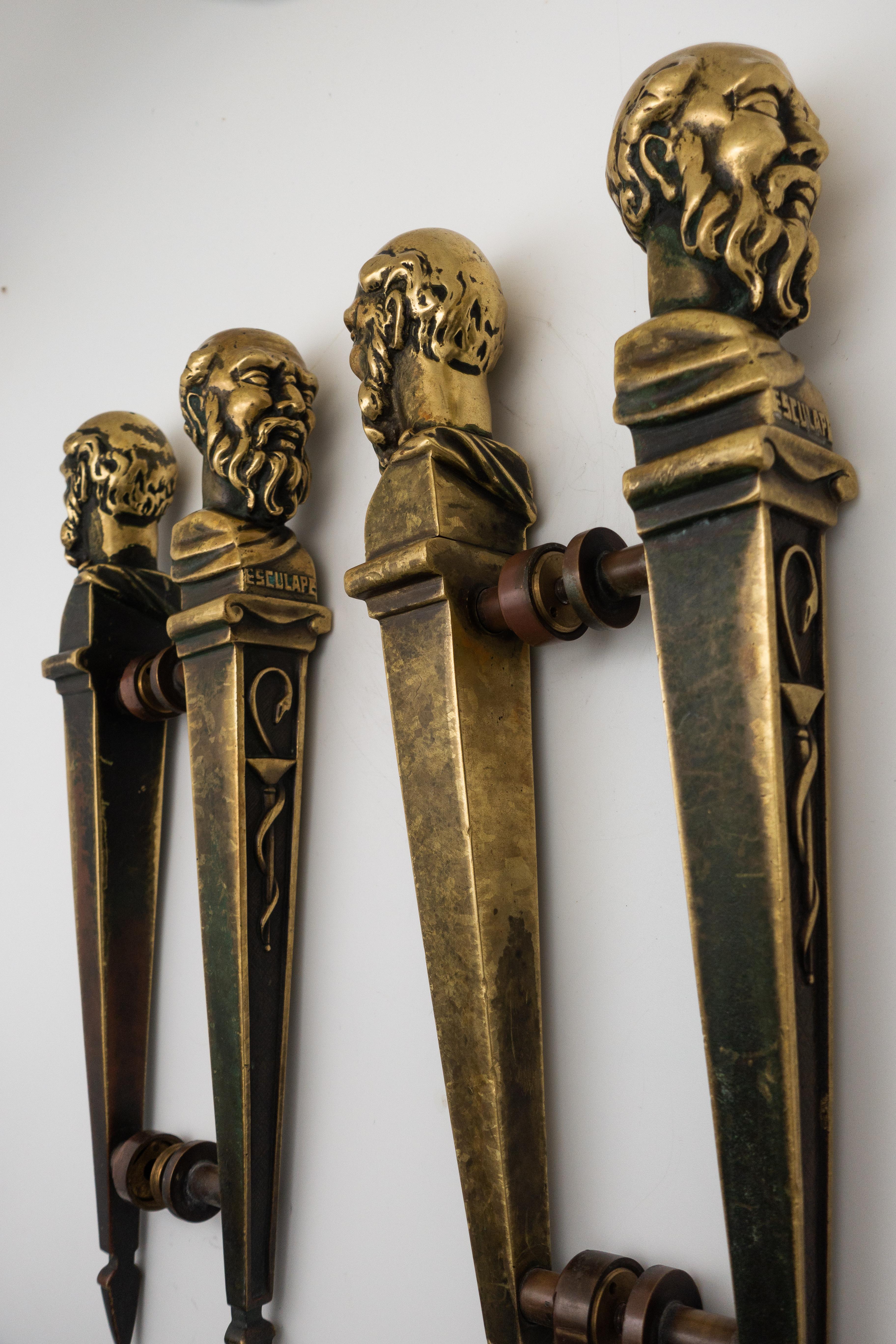 French 19th Century Brass Pharmacy Door Esculape Handles 'Greek God of Healing' 5