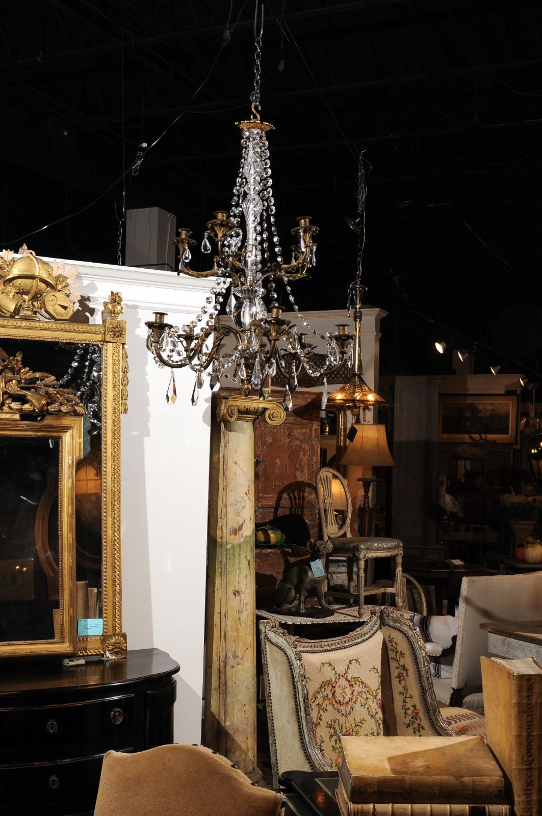 French 19th Century Bronze 10-Light Tiered Chandelier with Large Crystal Stem For Sale 6