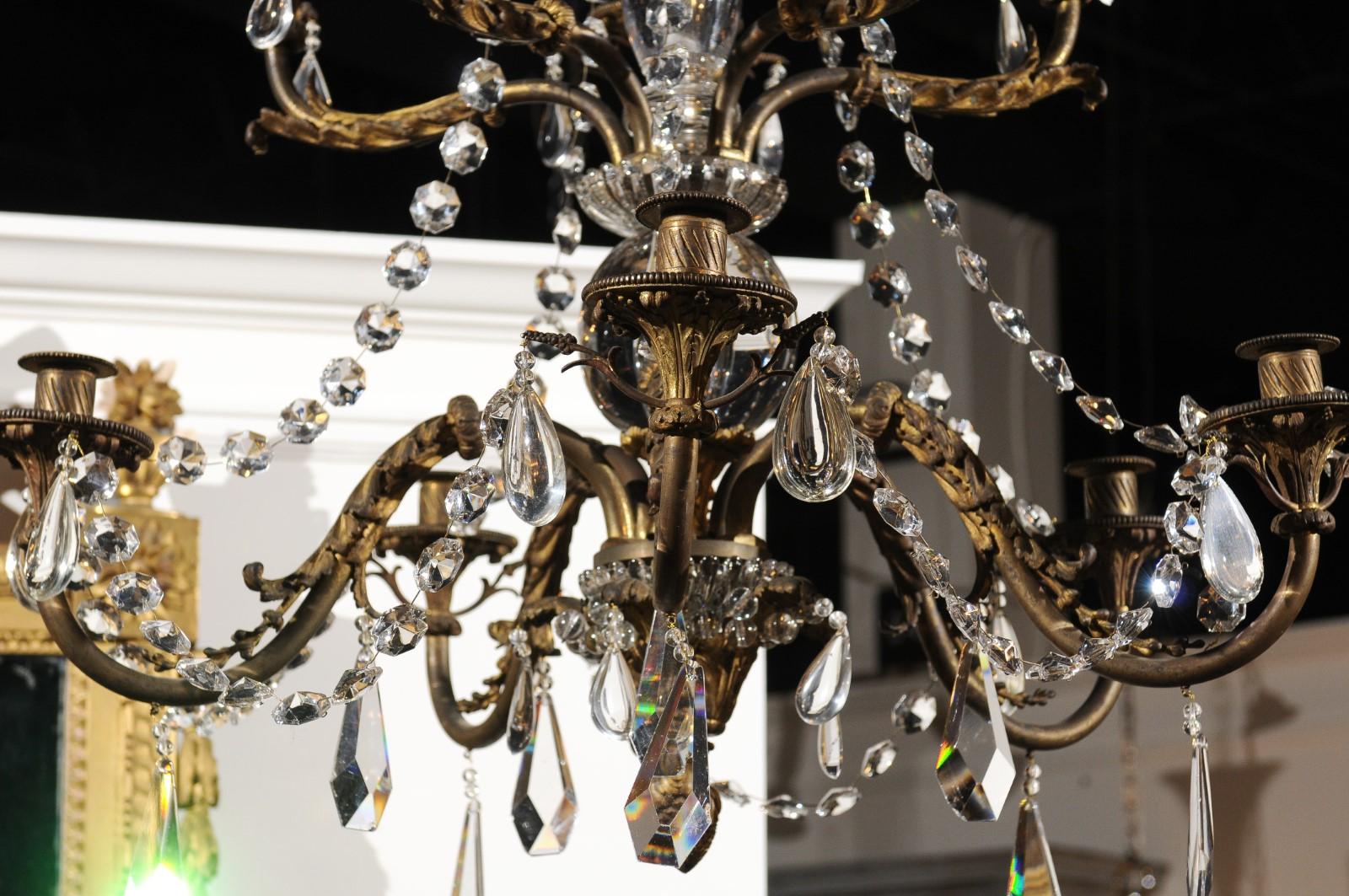 French 19th Century Bronze 10-Light Tiered Chandelier with Large Crystal Stem For Sale 7