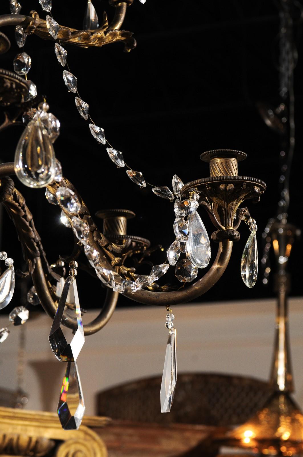 French 19th Century Bronze 10-Light Tiered Chandelier with Large Crystal Stem For Sale 11