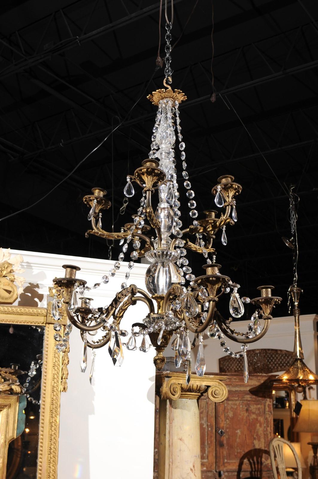 French 19th Century Bronze 10-Light Tiered Chandelier with Large Crystal Stem For Sale 2