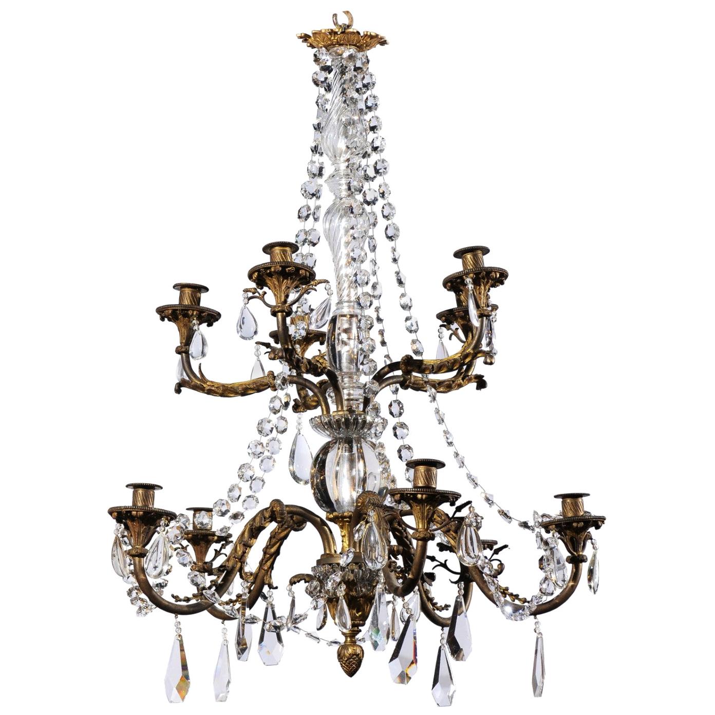 French 19th Century Bronze 10-Light Tiered Chandelier with Large Crystal Stem For Sale