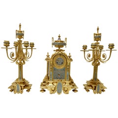 French 19th Century Bronze and Champlevé Enamel Clock Set