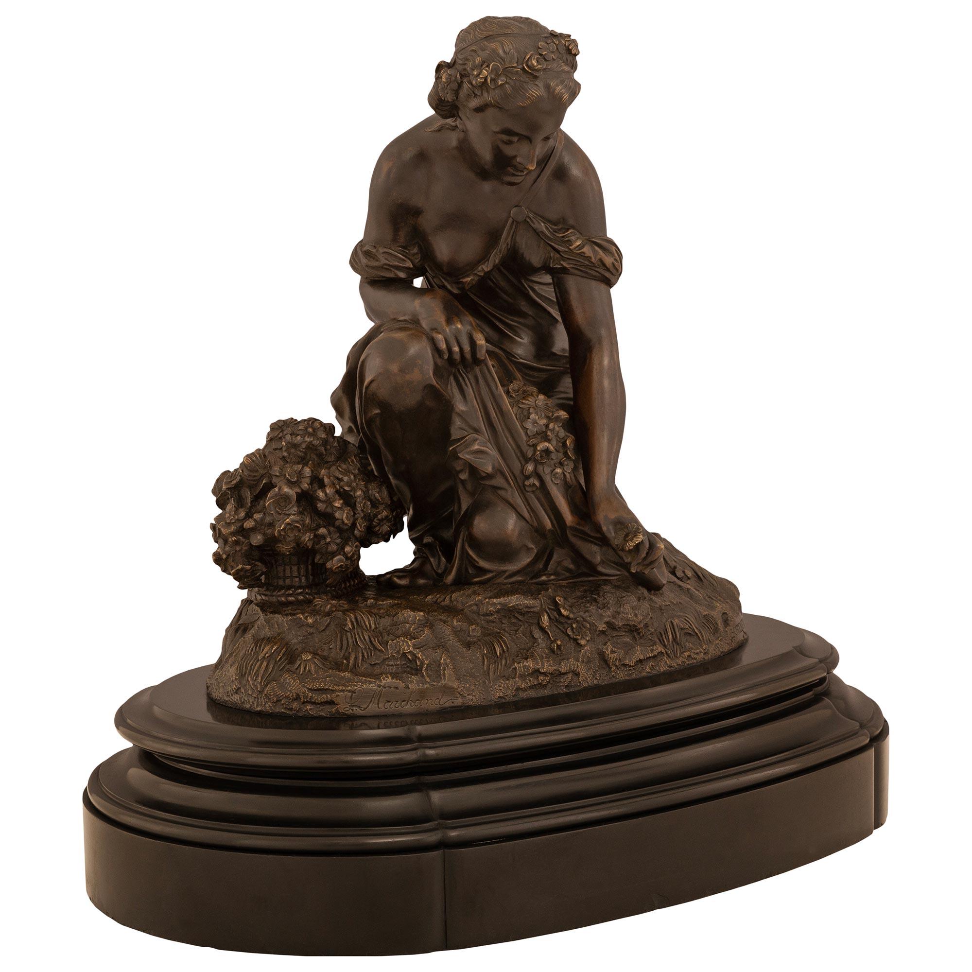 Patinated French 19th Century Bronze And Marble Statue Signed By Schoenewerk And Marchand For Sale