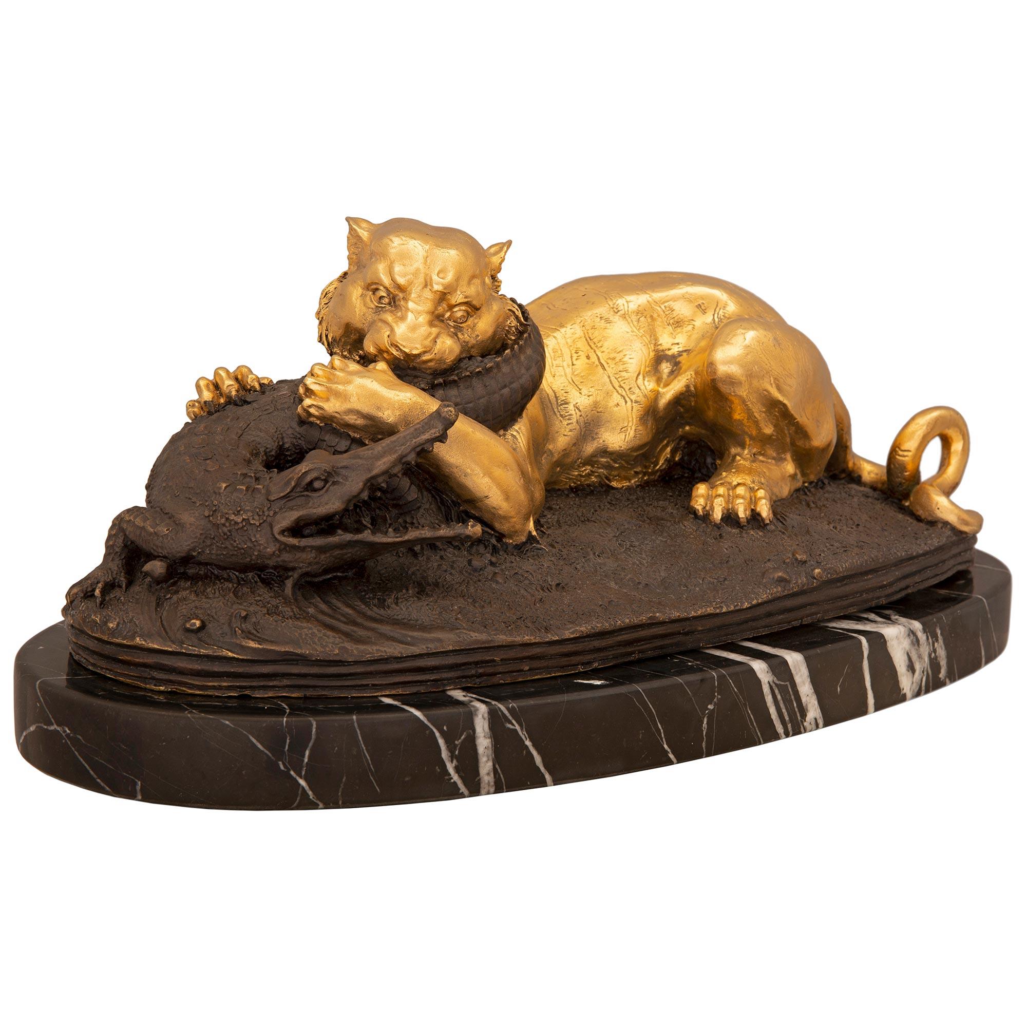 Patinated French 19th Century Bronze and Ormolu Statue of a Panther Eating an Alligator For Sale