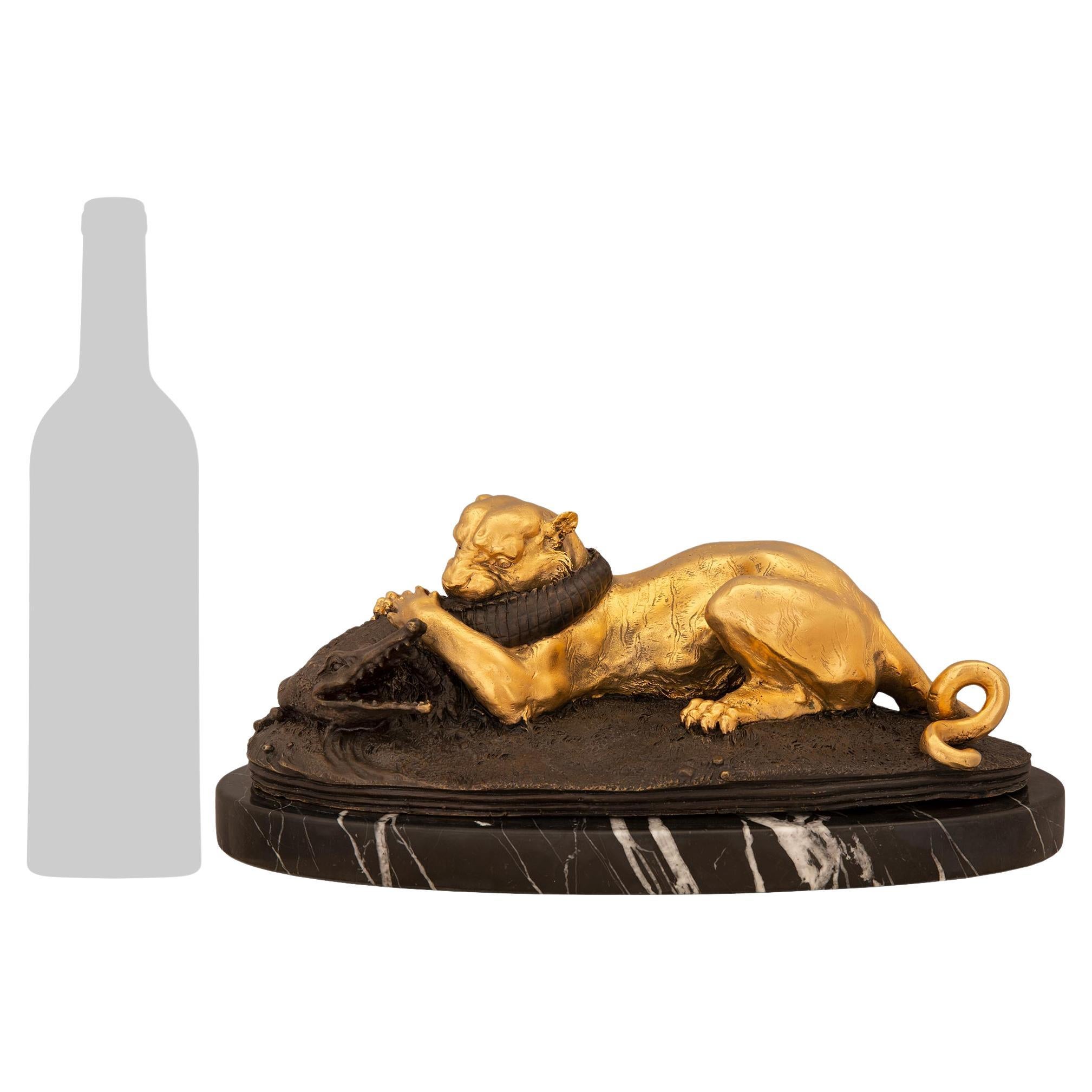 French 19th Century Bronze and Ormolu Statue of a Panther Eating an Alligator For Sale