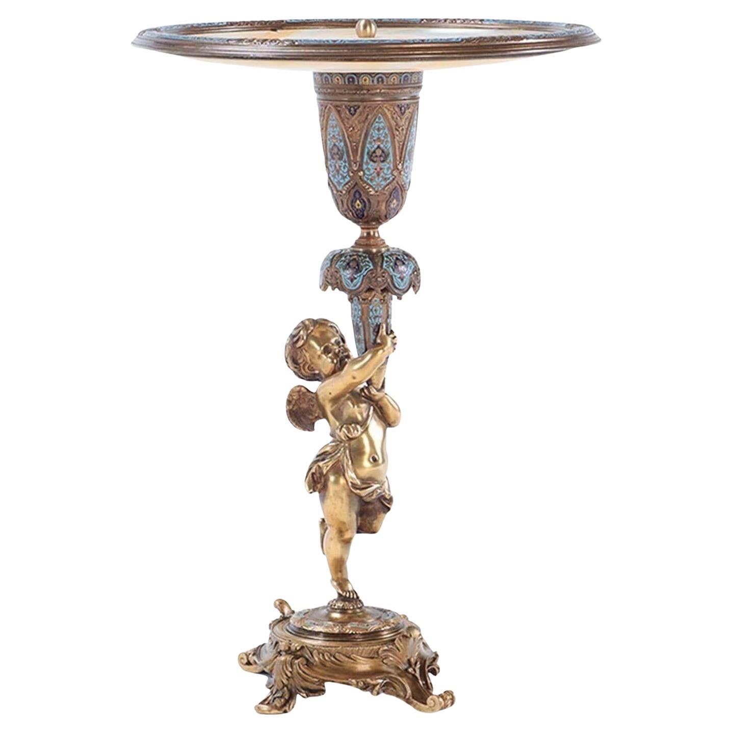 French 19th Century Bronze Champlevé Centerpiece w/ Onyx Top For Sale