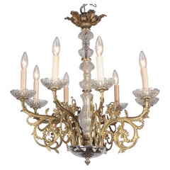 French 19th Century Bronze Chandelier with a Crystal Stem and Bobeches