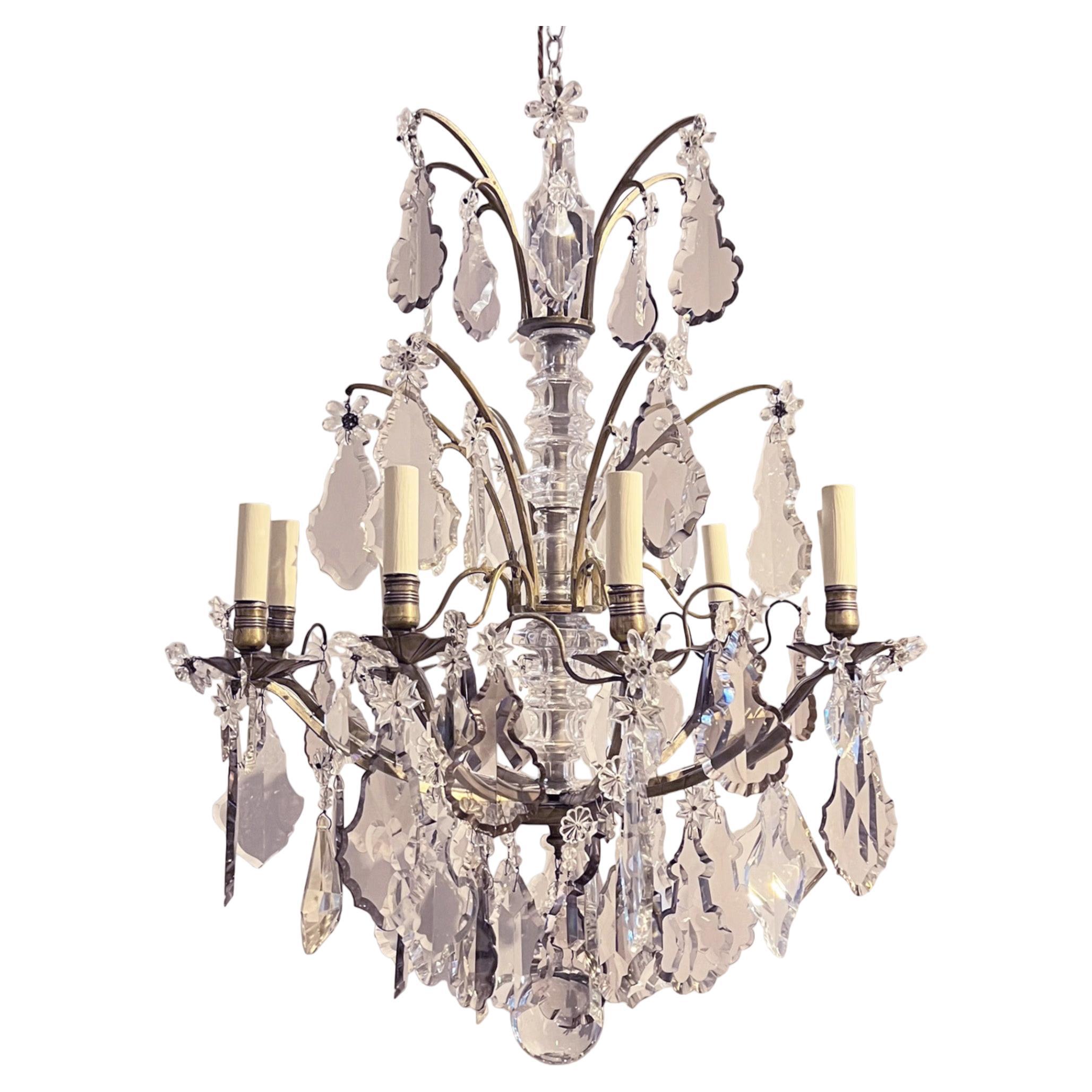 French 19th Century Bronze Chandelier with Clear and Purple Drops For Sale