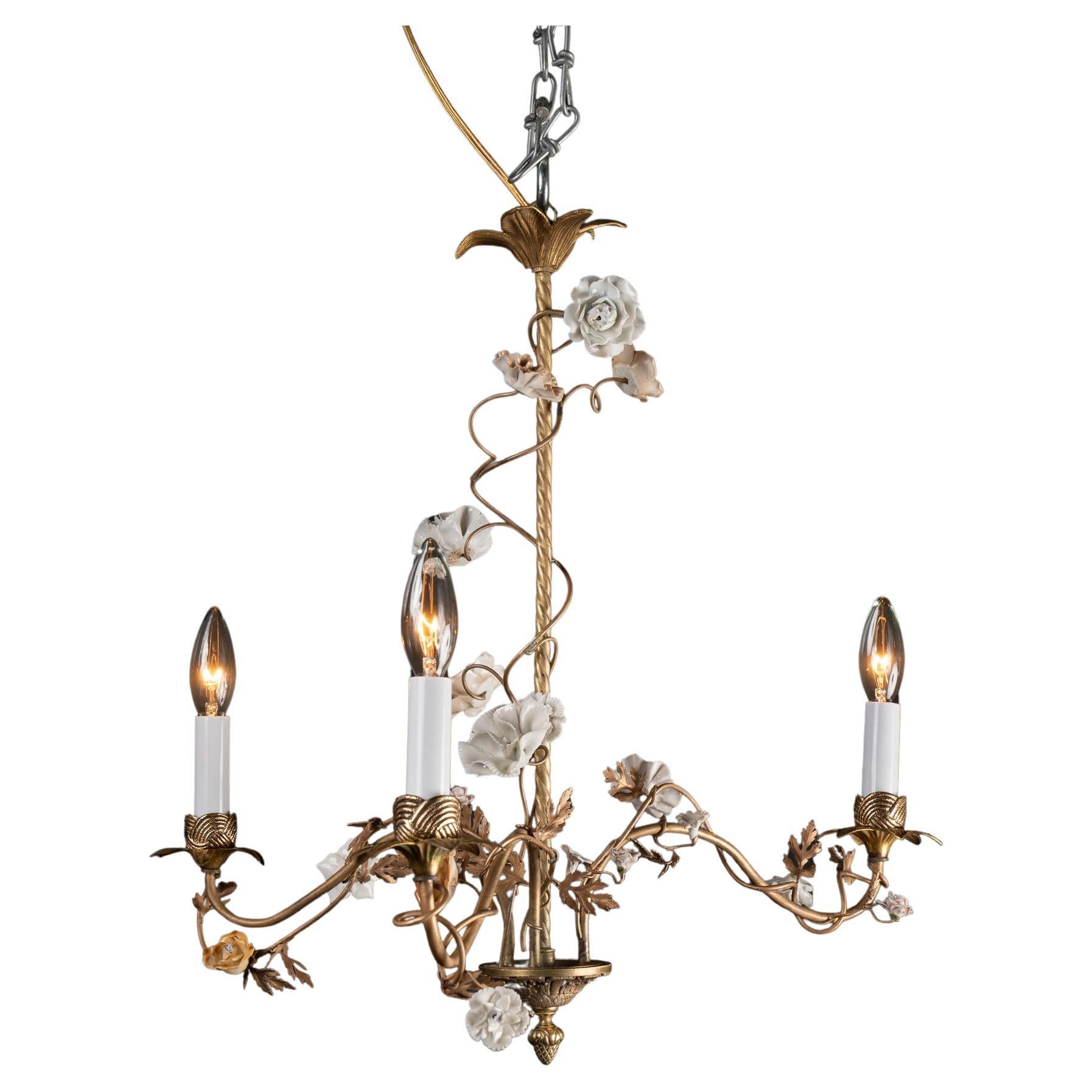 French 19th Century Bronze Chandelier with Porcelain Flowers