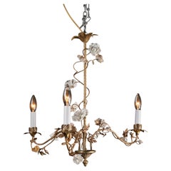 Antique French 19th Century Bronze Chandelier with Porcelain Flowers