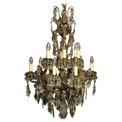 Antique French 19th Century Bronze & Crystal 12-Light Chandelier