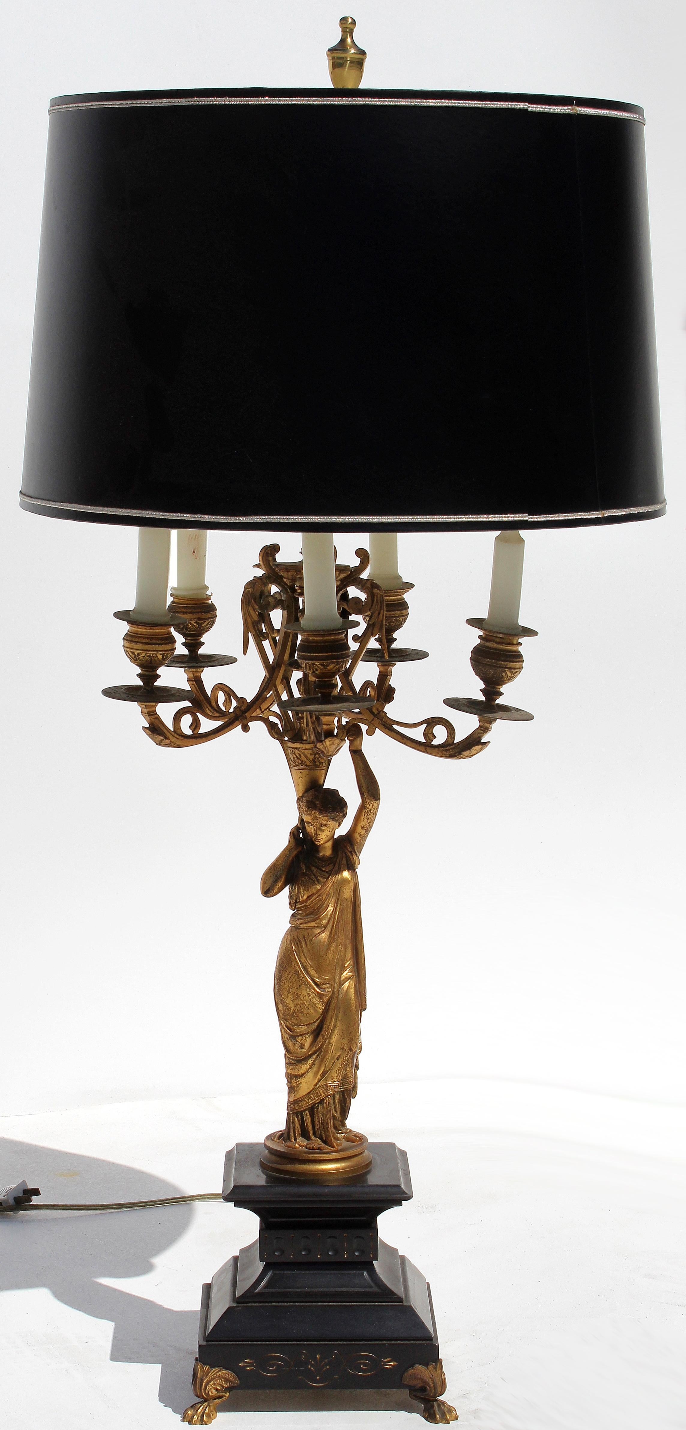 French 19th Century Bronze Doré and Marble Figural Candelabra, Mounted as a Lamp 6