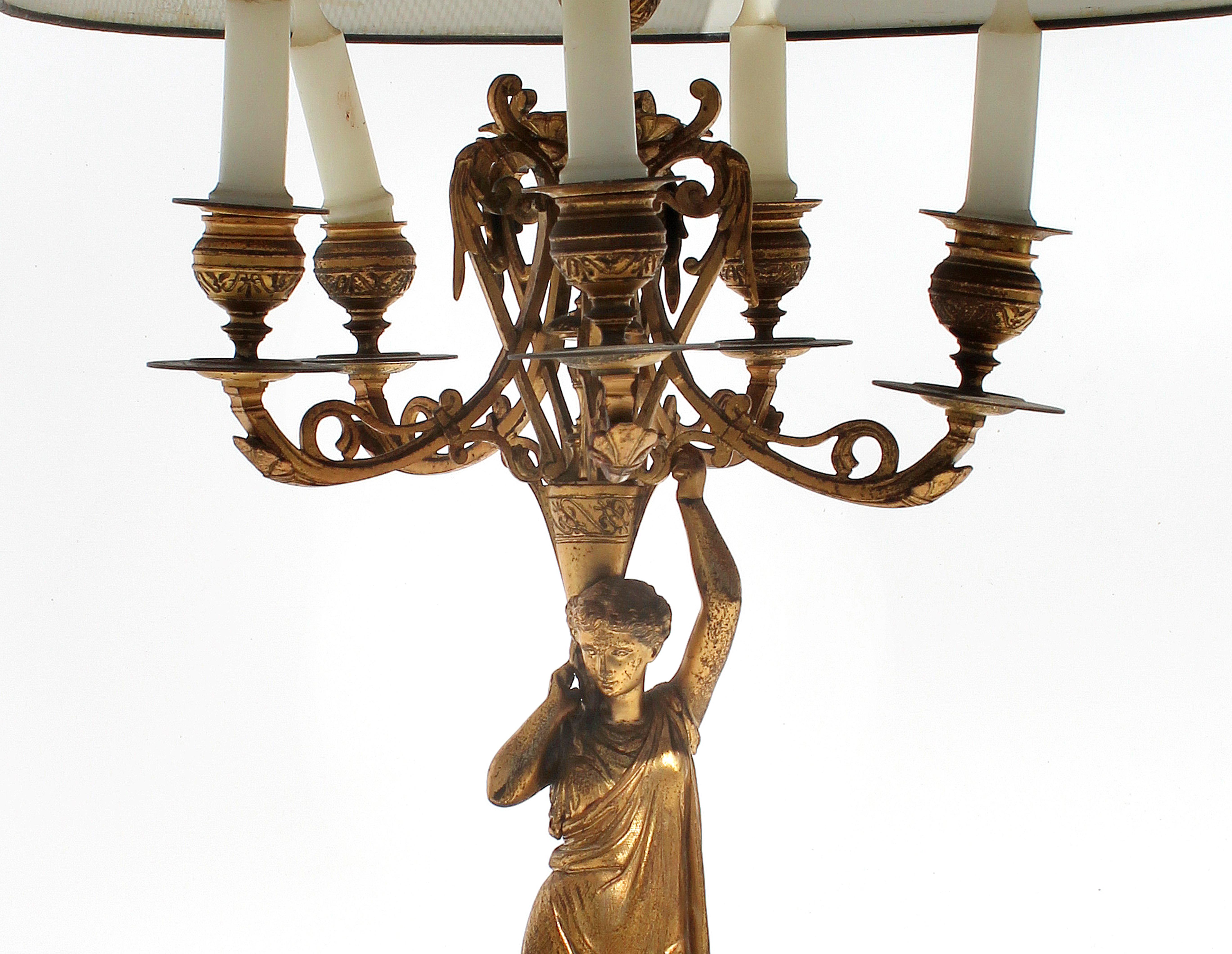 Neoclassical Revival French 19th Century Bronze Doré and Marble Figural Candelabra, Mounted as a Lamp