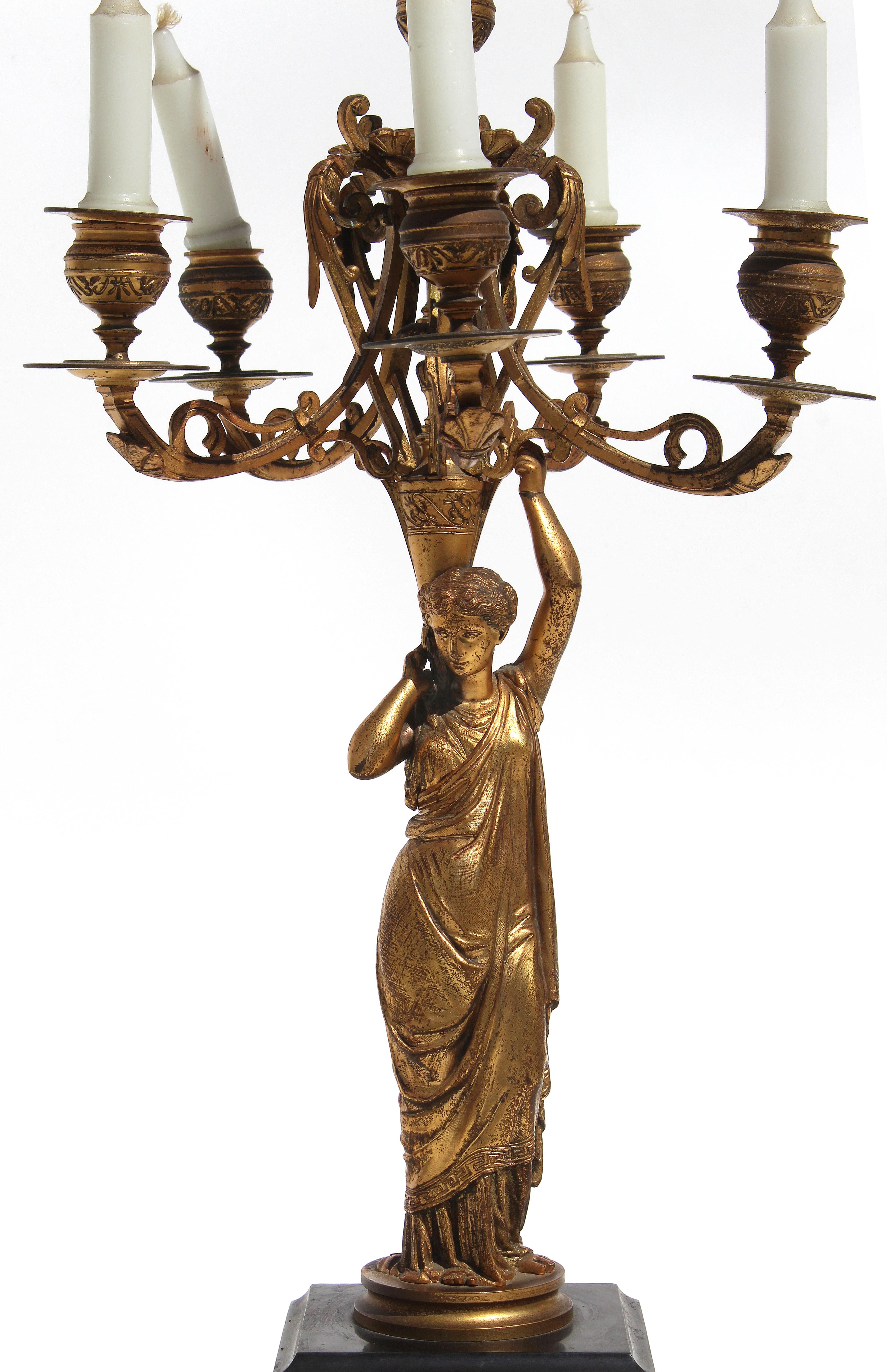 Gilt French 19th Century Bronze Doré and Marble Figural Candelabra, Mounted as a Lamp