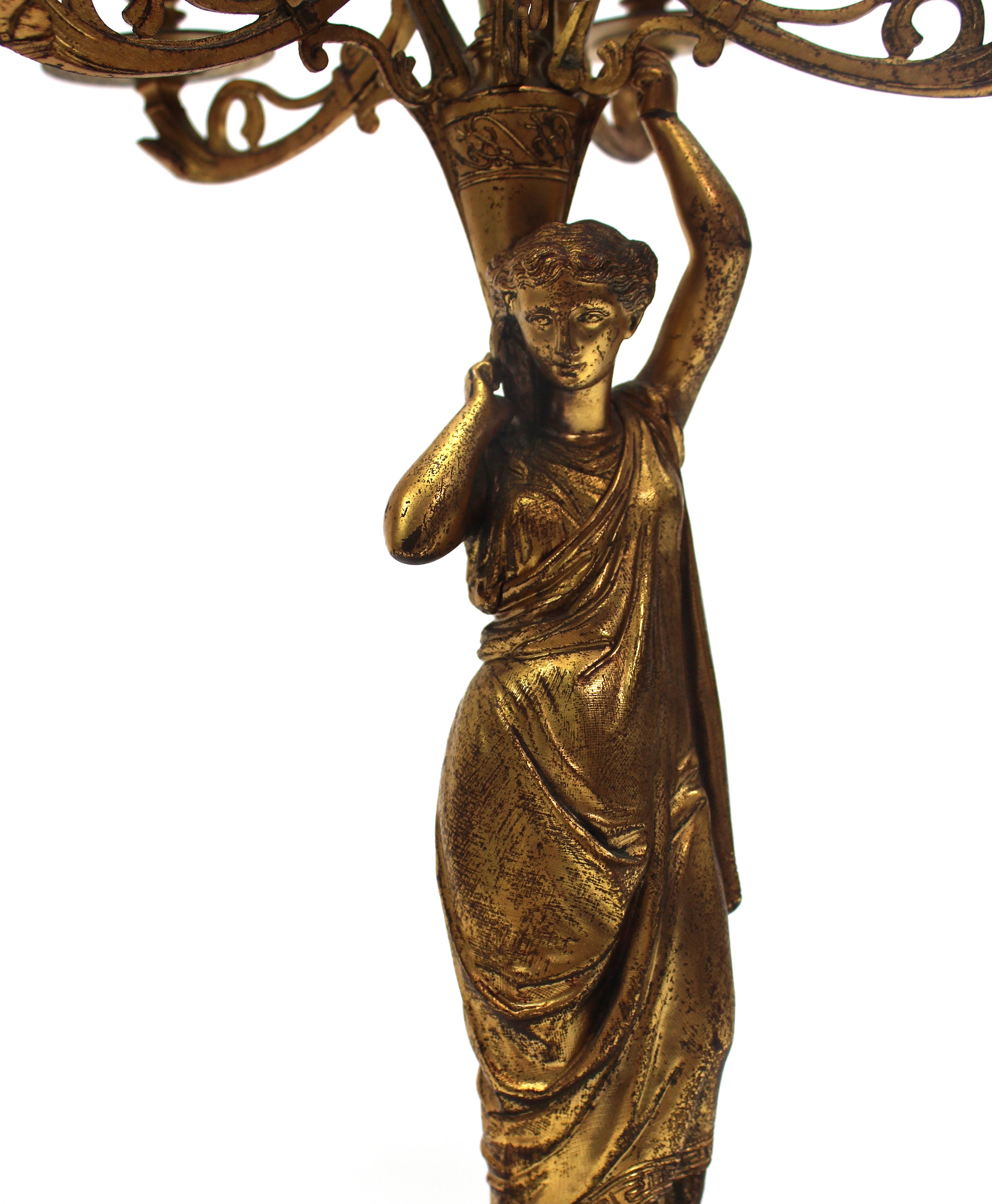 French 19th Century Bronze Doré and Marble Figural Candelabra, Mounted as a Lamp In Good Condition In Miami, FL