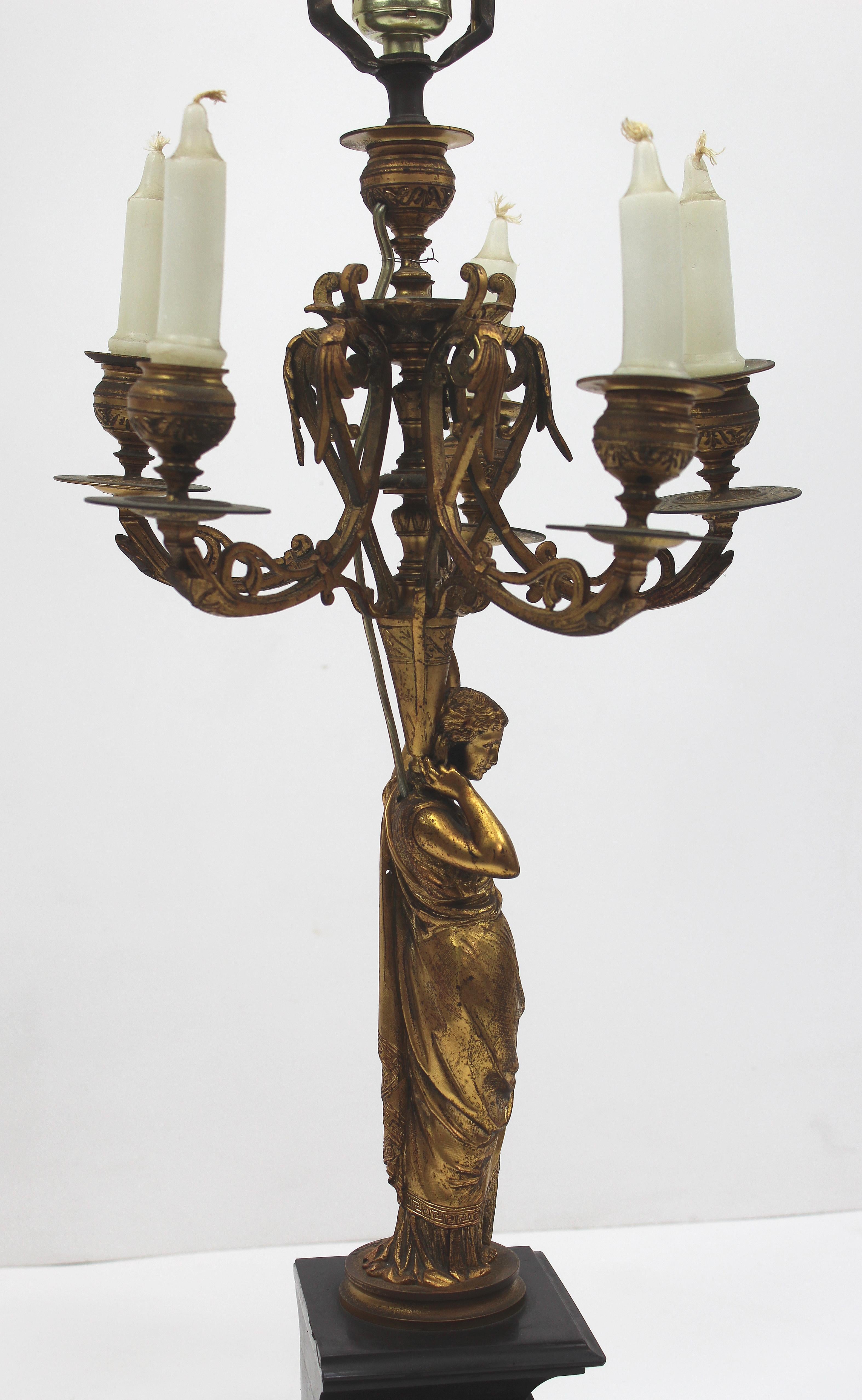French 19th Century Bronze Doré and Marble Figural Candelabra, Mounted as a Lamp 2