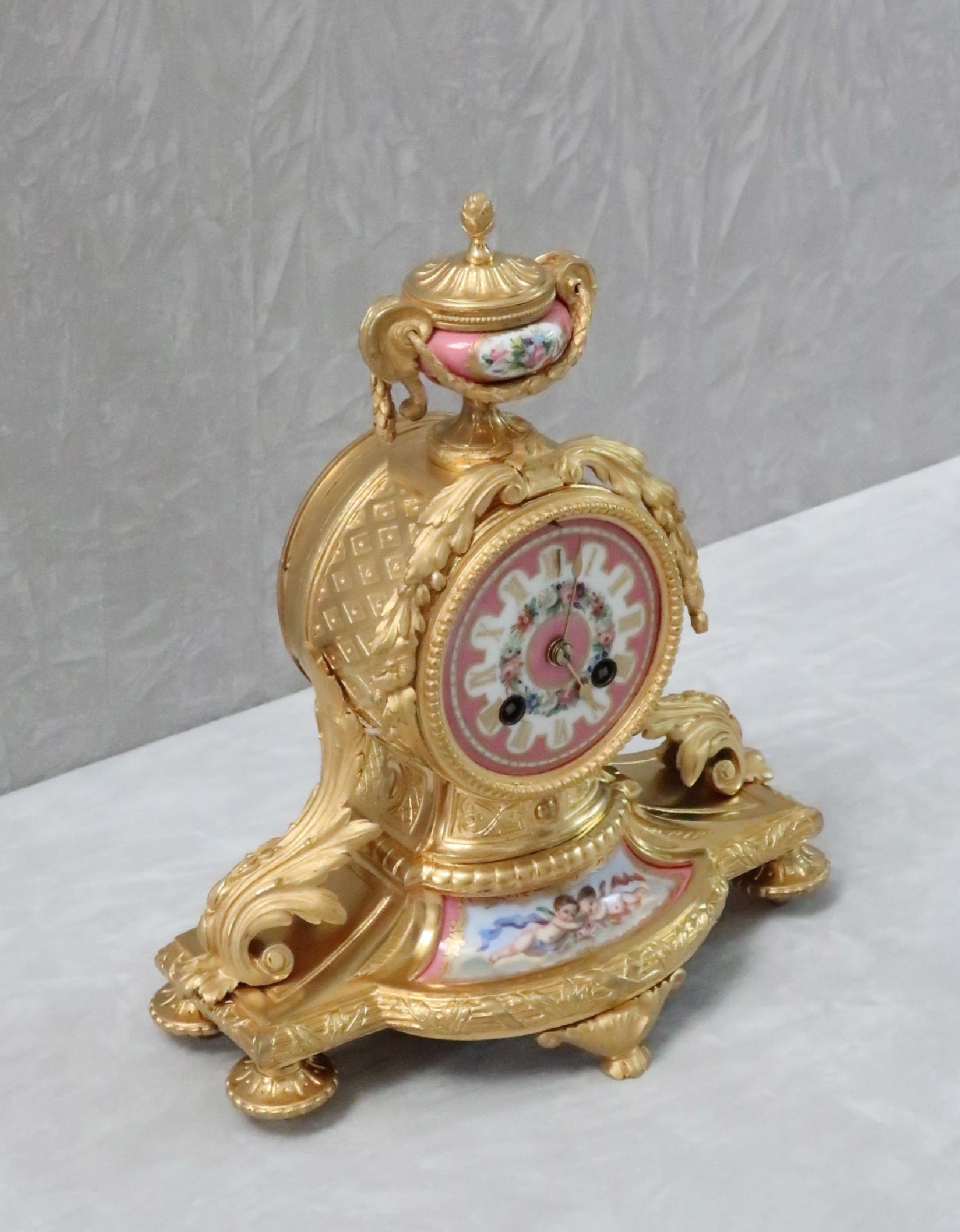 Sèvres French 19th Century Bronze Gilt and Porcelain Mantel Clock