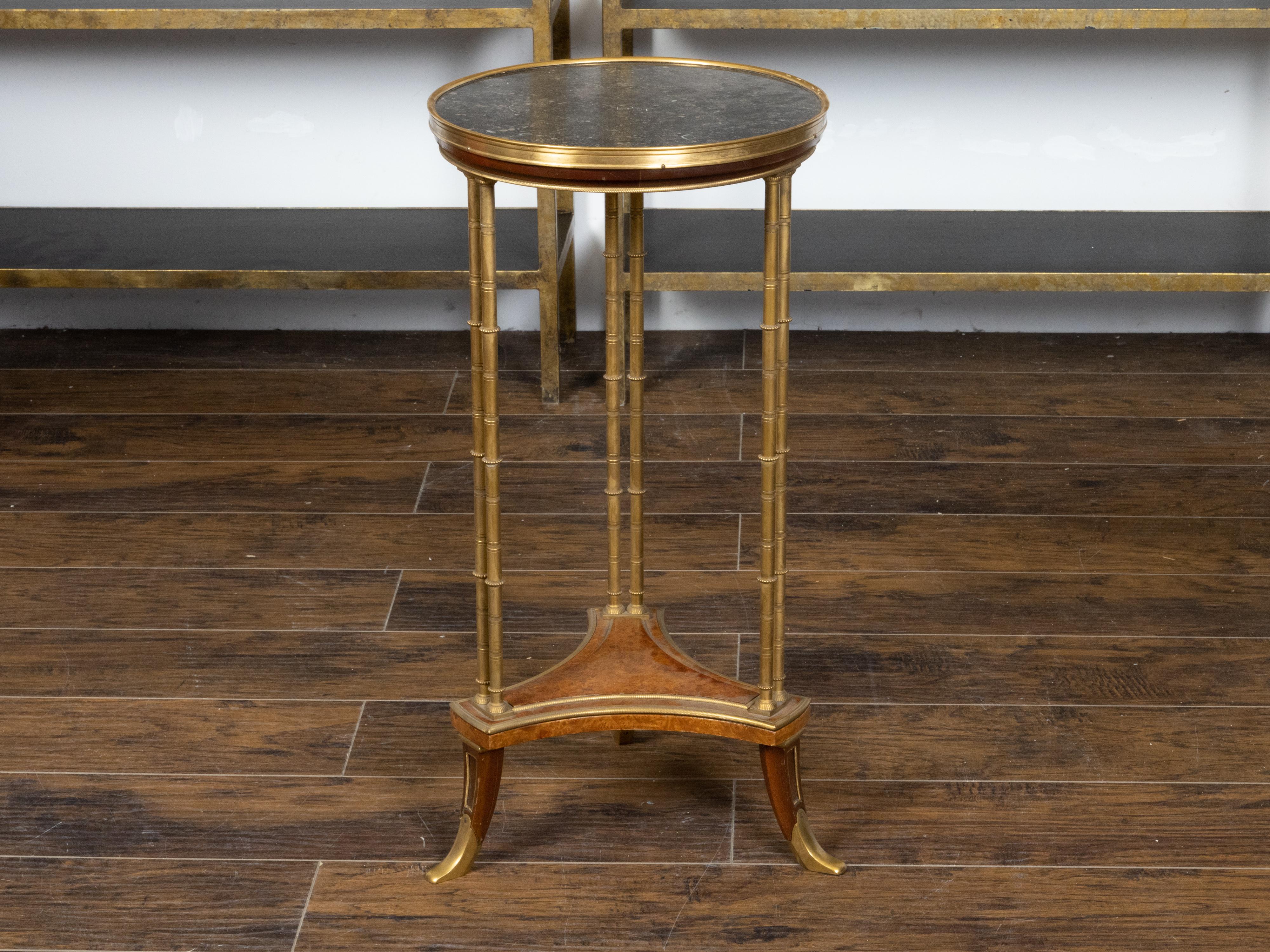 French 19th Century Bronze Guéridon Table with Black Marble Top and Burl Shelf For Sale 1