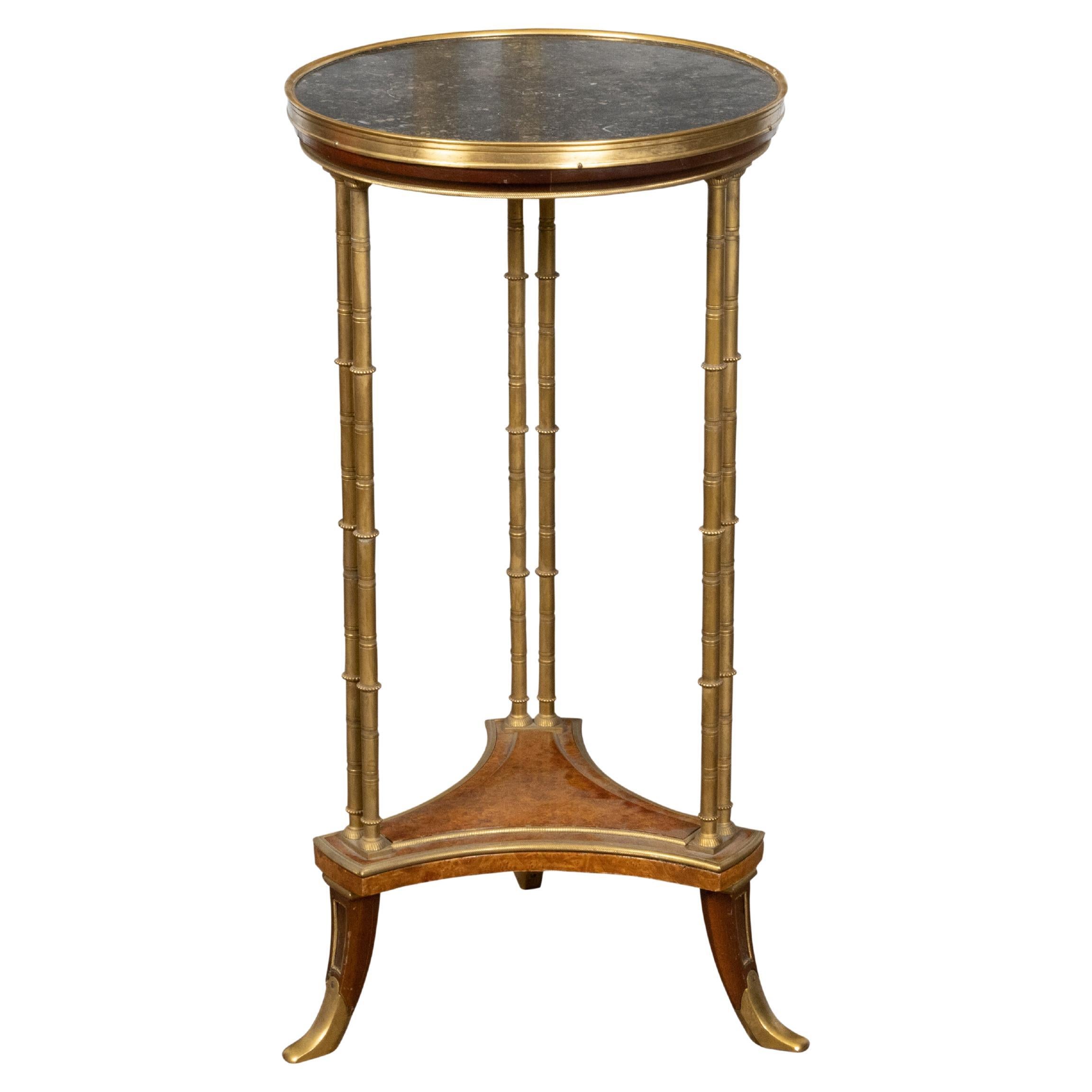 French 19th Century Bronze Guéridon Table with Black Marble Top and Burl Shelf