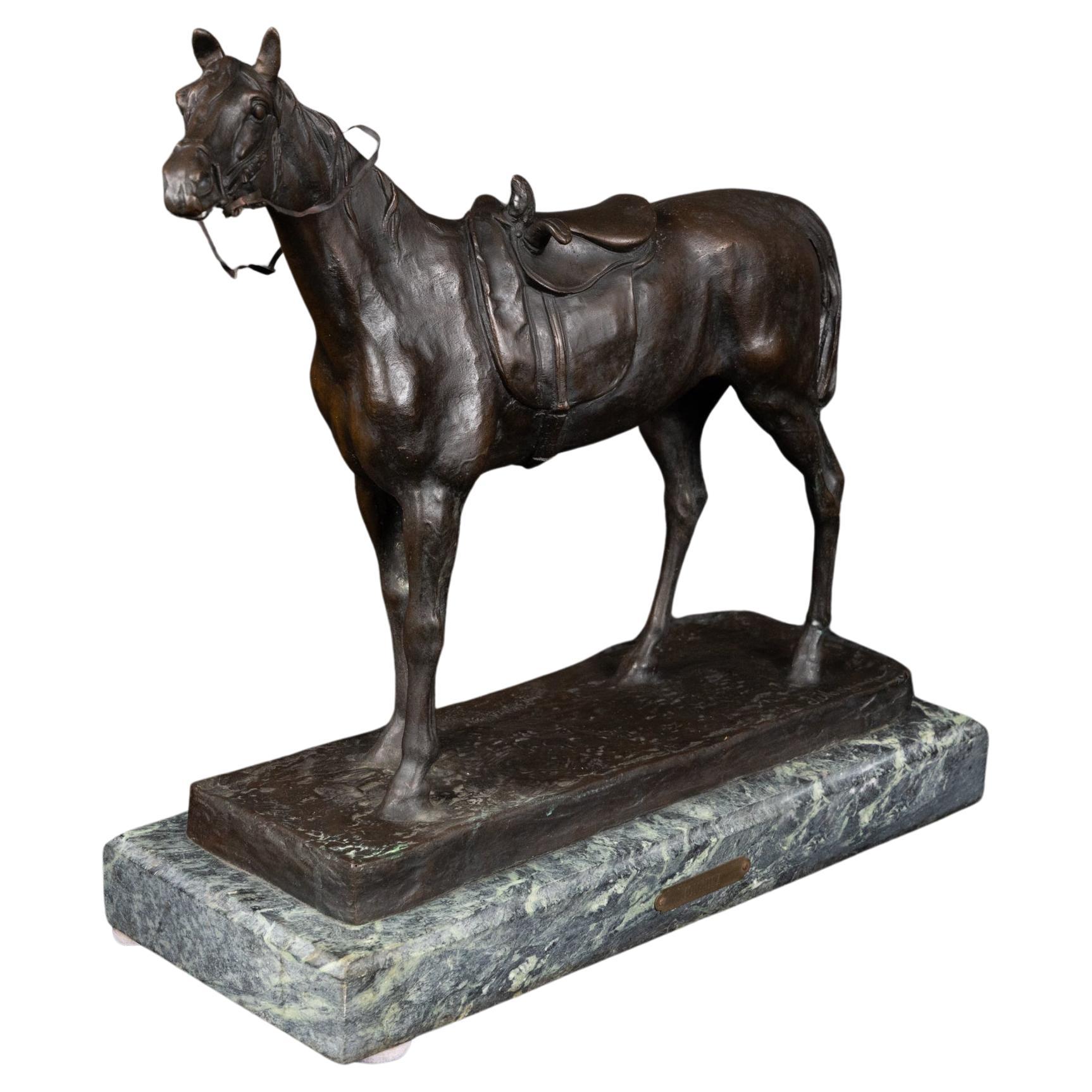 French 19th Century Bronze Horse, Signed J. Moigniez, Mounted on Marble Base