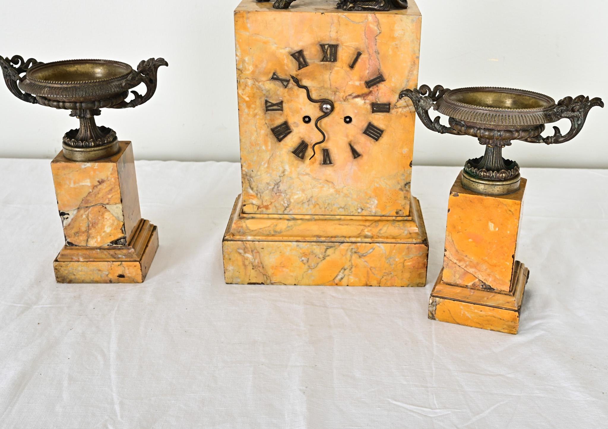 French 19th Century Bronze & Marble Mantel Clock Set For Sale 7