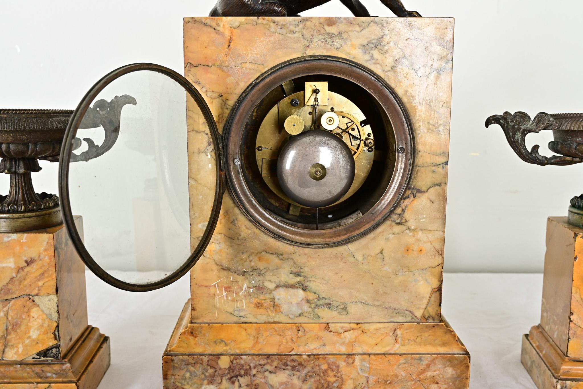 French 19th Century Bronze & Marble Mantel Clock Set For Sale 12