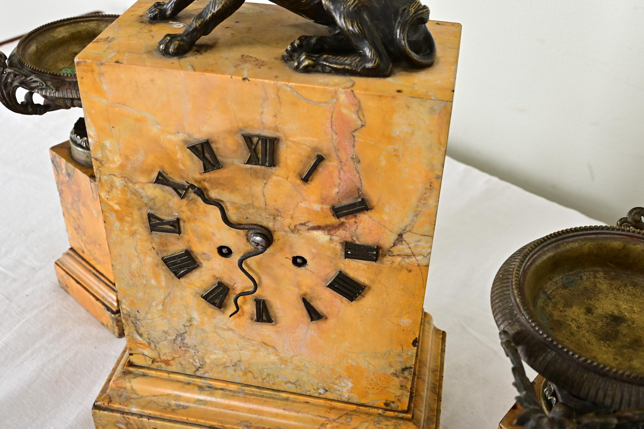 French 19th Century Bronze & Marble Mantel Clock Set For Sale 15