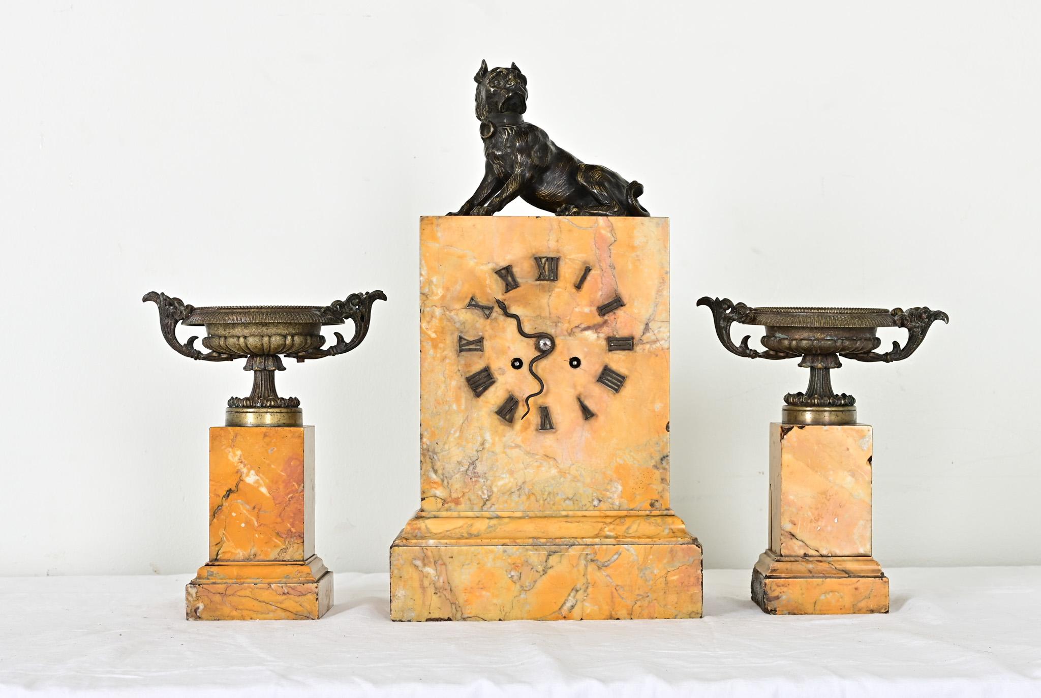 Empire French 19th Century Bronze & Marble Mantel Clock Set For Sale