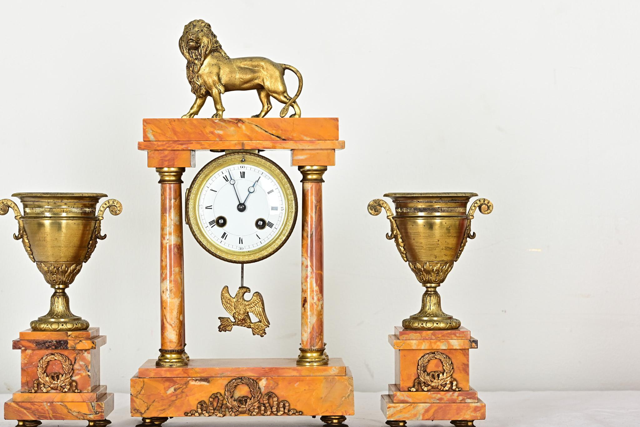 Empire French 19th Century Bronze & Marble Mantel Clock Set For Sale