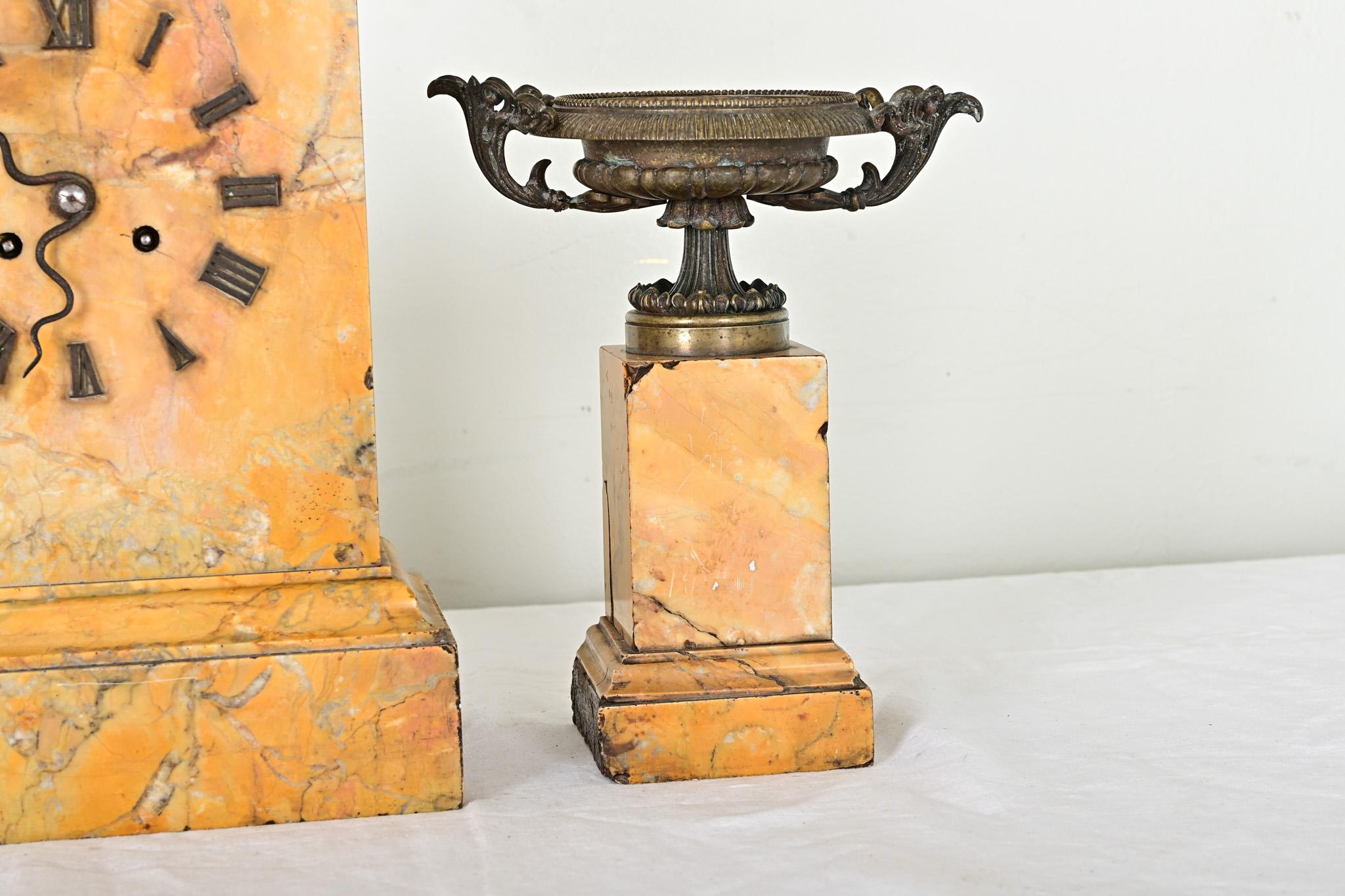 French 19th Century Bronze & Marble Mantel Clock Set For Sale 2