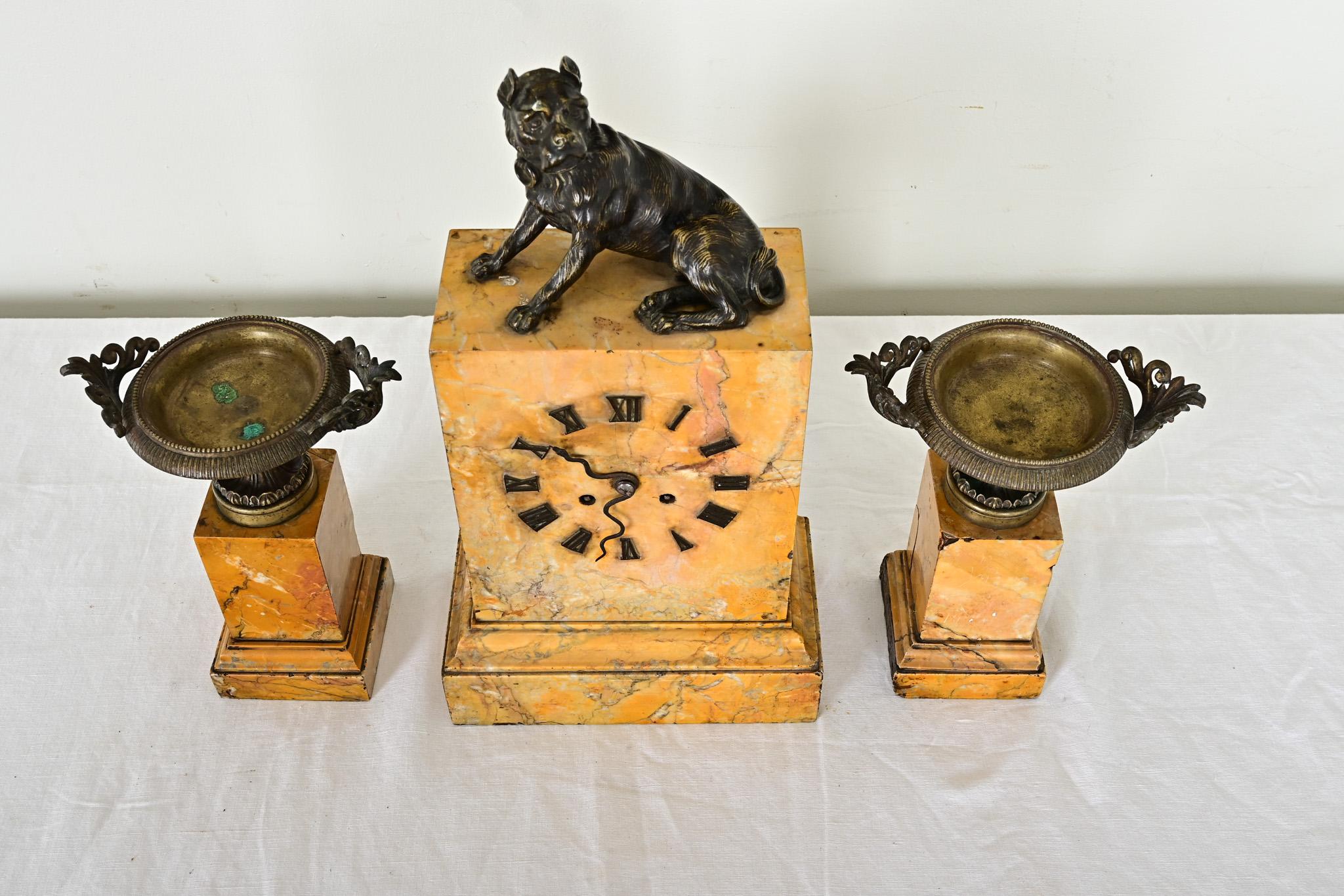 French 19th Century Bronze & Marble Mantel Clock Set For Sale 4