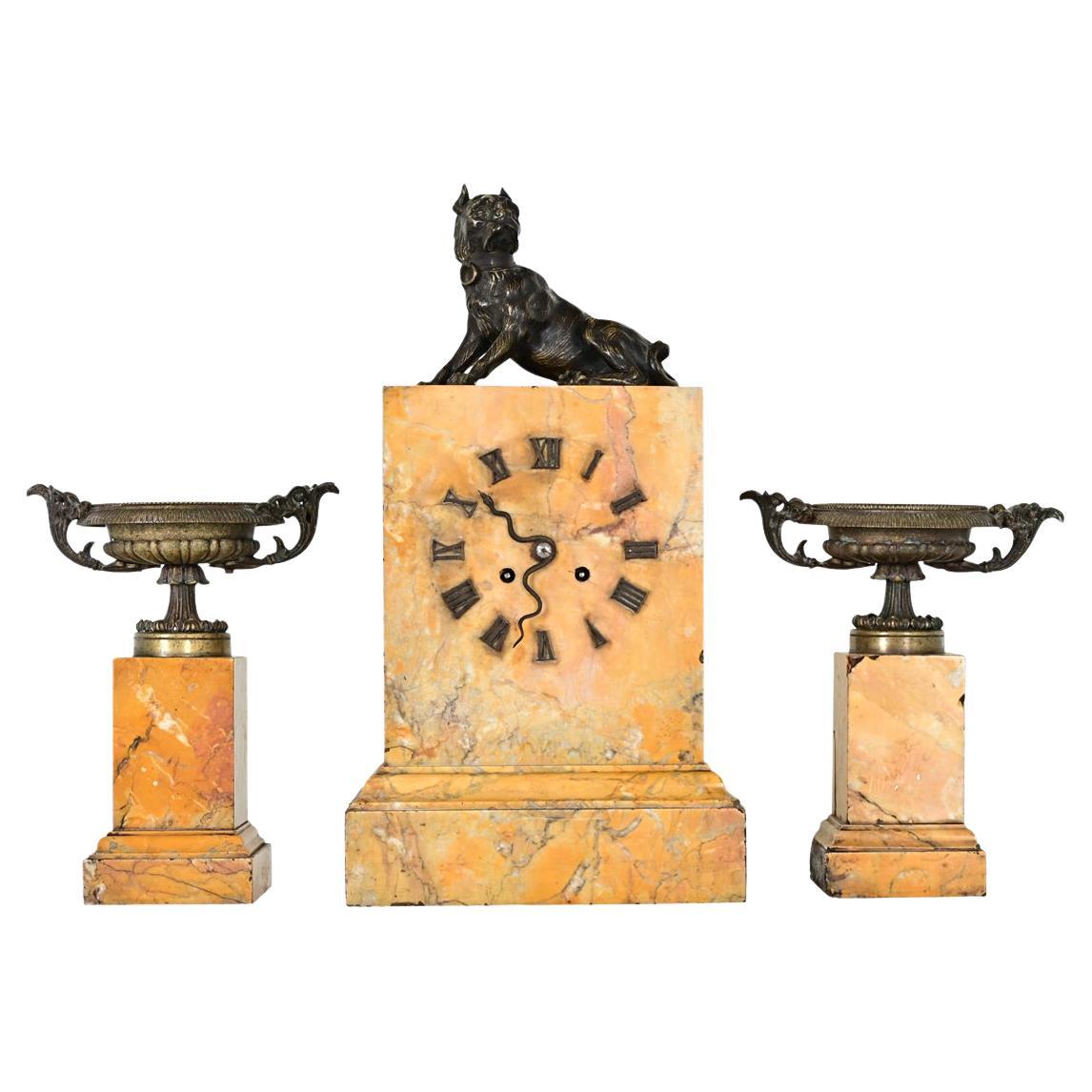 French 19th Century Bronze & Marble Mantel Clock Set
