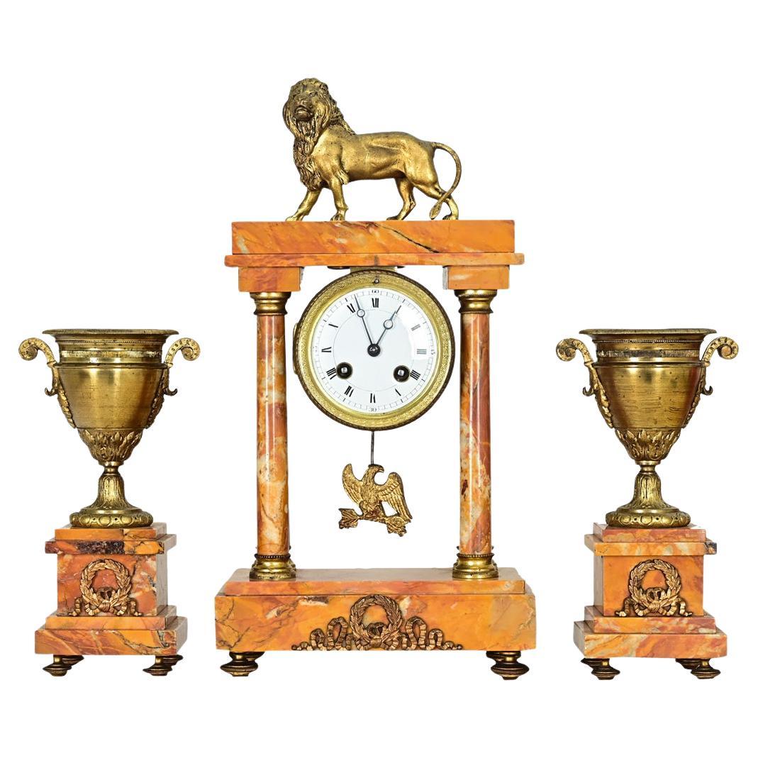 French 19th Century Bronze & Marble Mantel Clock Set