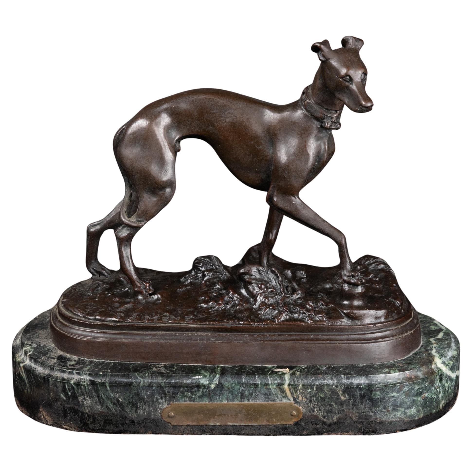 Bronzo francese del XIX secolo raffigurante un cane Whippet, firmato 'P. J. Mene'
