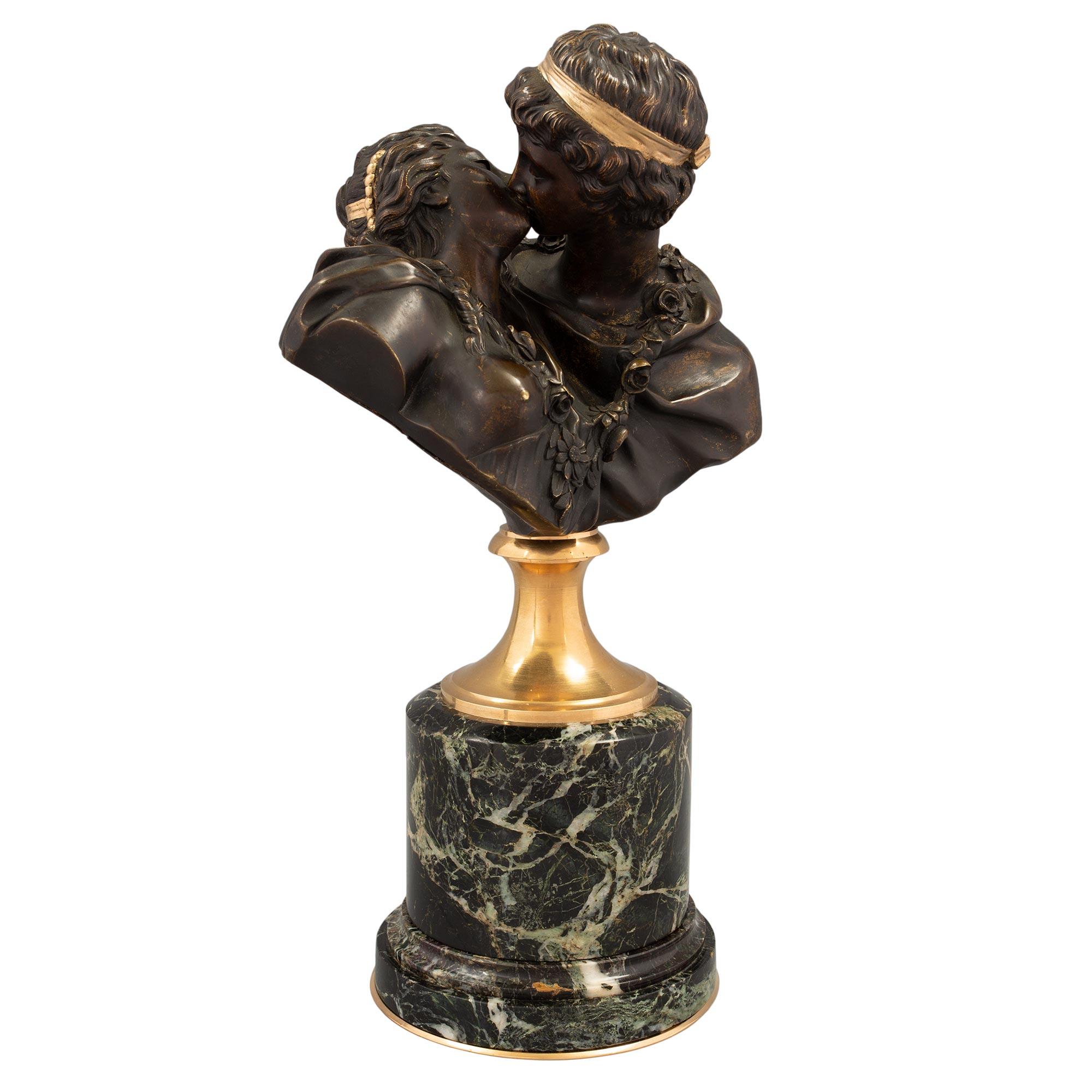 French 19th century Bronze, Ormolu and Marble Le Baiser Donné bust, after Houdon (Französisch) im Angebot