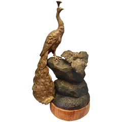 French 19th Century Bronze Peacock Mounted on Three Bronze Stones with Wood Base