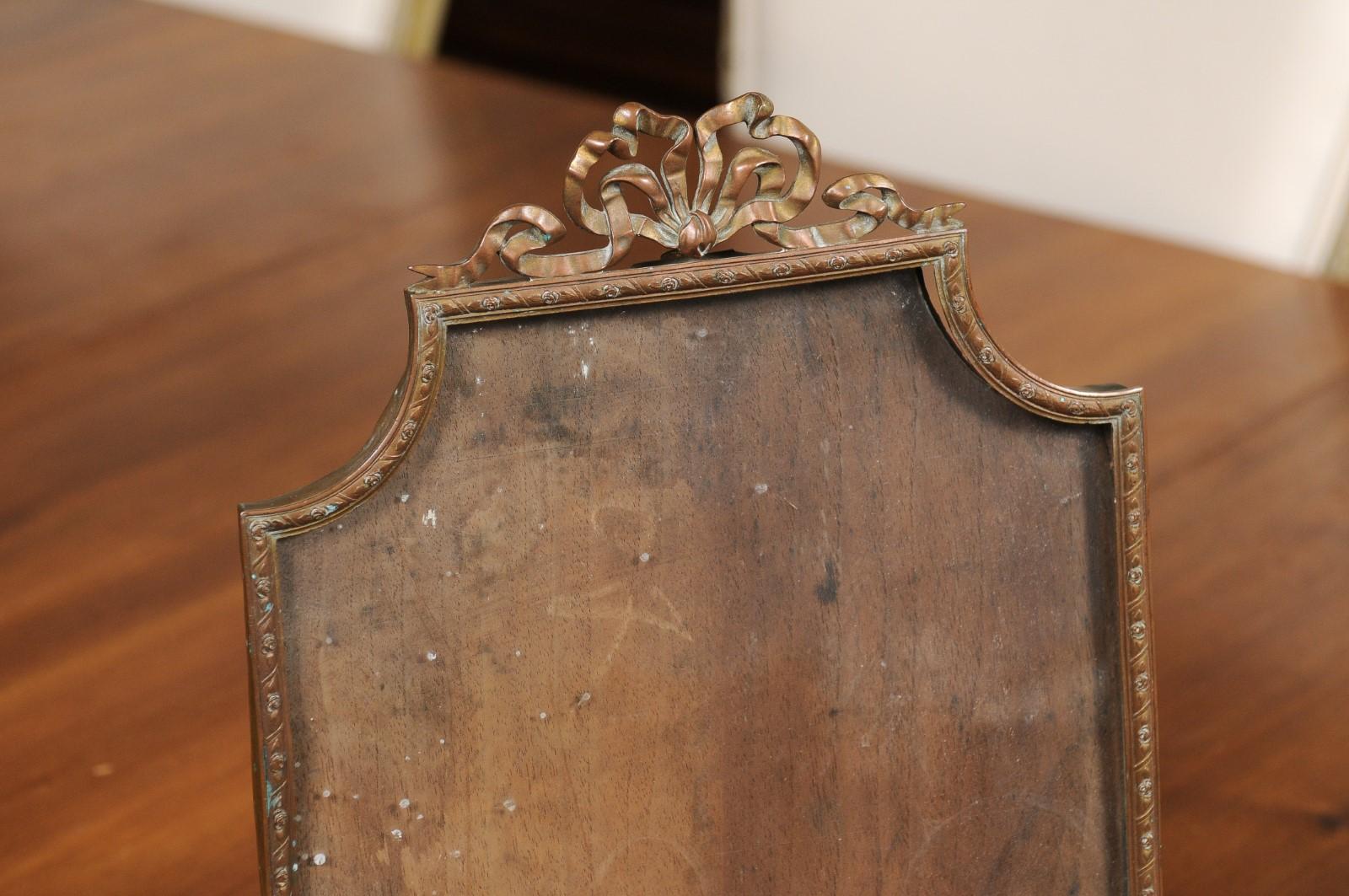 French 19th Century Bronze Picture Frame with Bow Motif and Glass 1