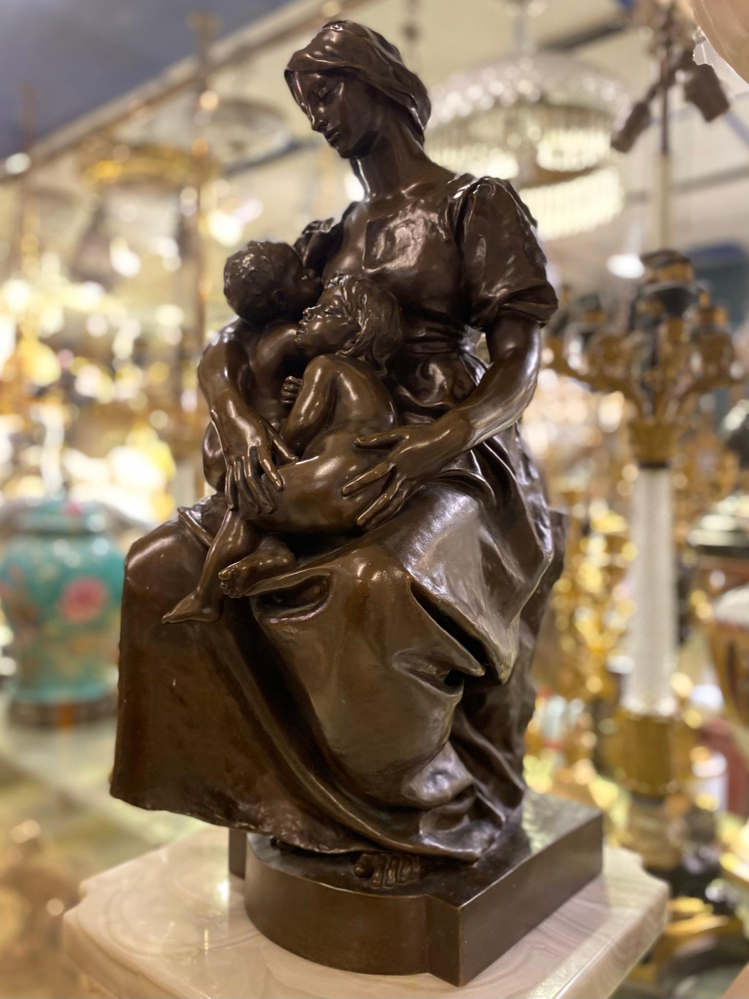 Patinated French 19th Century Bronze Sculpture After Paul Dubois Entitled La Charité For Sale